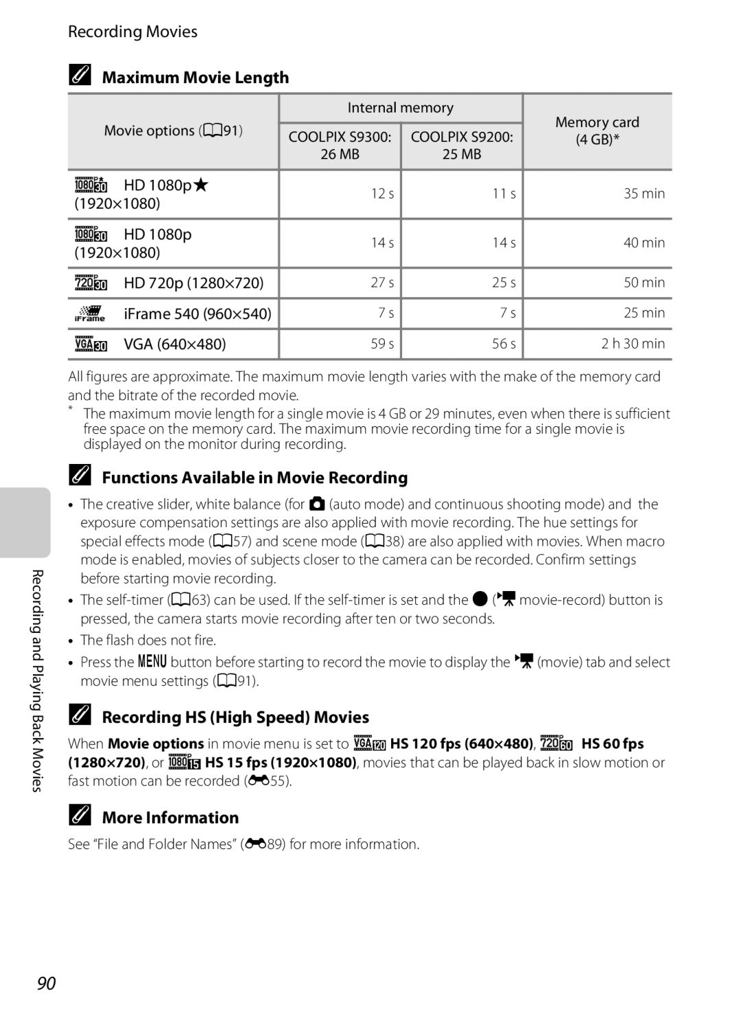 Nikon COOLPIXS9300SIL, S9200 Maximum Movie Length, Functions Available in Movie Recording, Recording HS High Speed Movies 