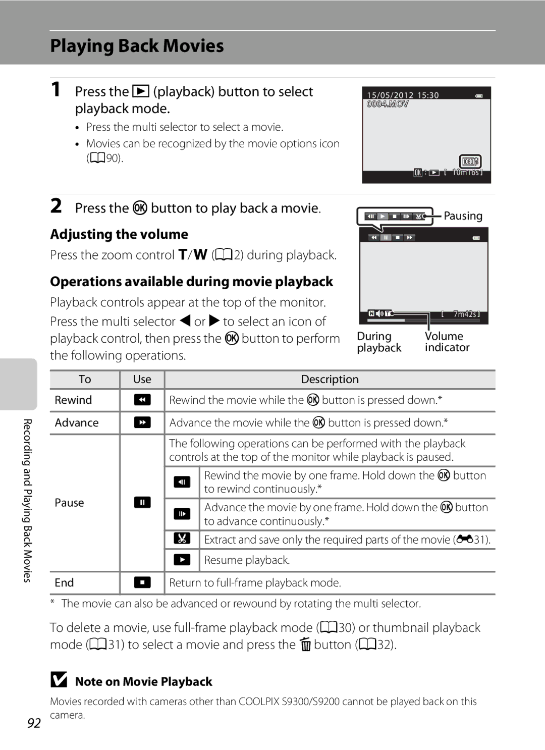 Nikon S9200, COOLPIXS9300SIL Playing Back Movies, Press the cplayback button to select playback mode, Adjusting the volume 