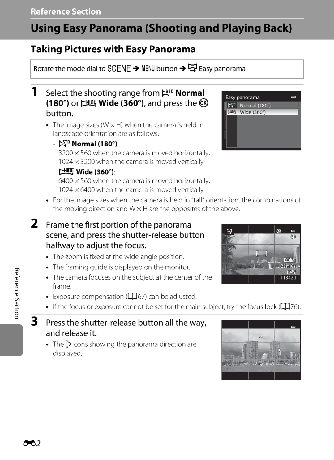 Nikon S9200, S9300 manual Using Easy Panorama Shooting and Playing Back, Taking Pictures with Easy Panorama, WNormal, XWide 