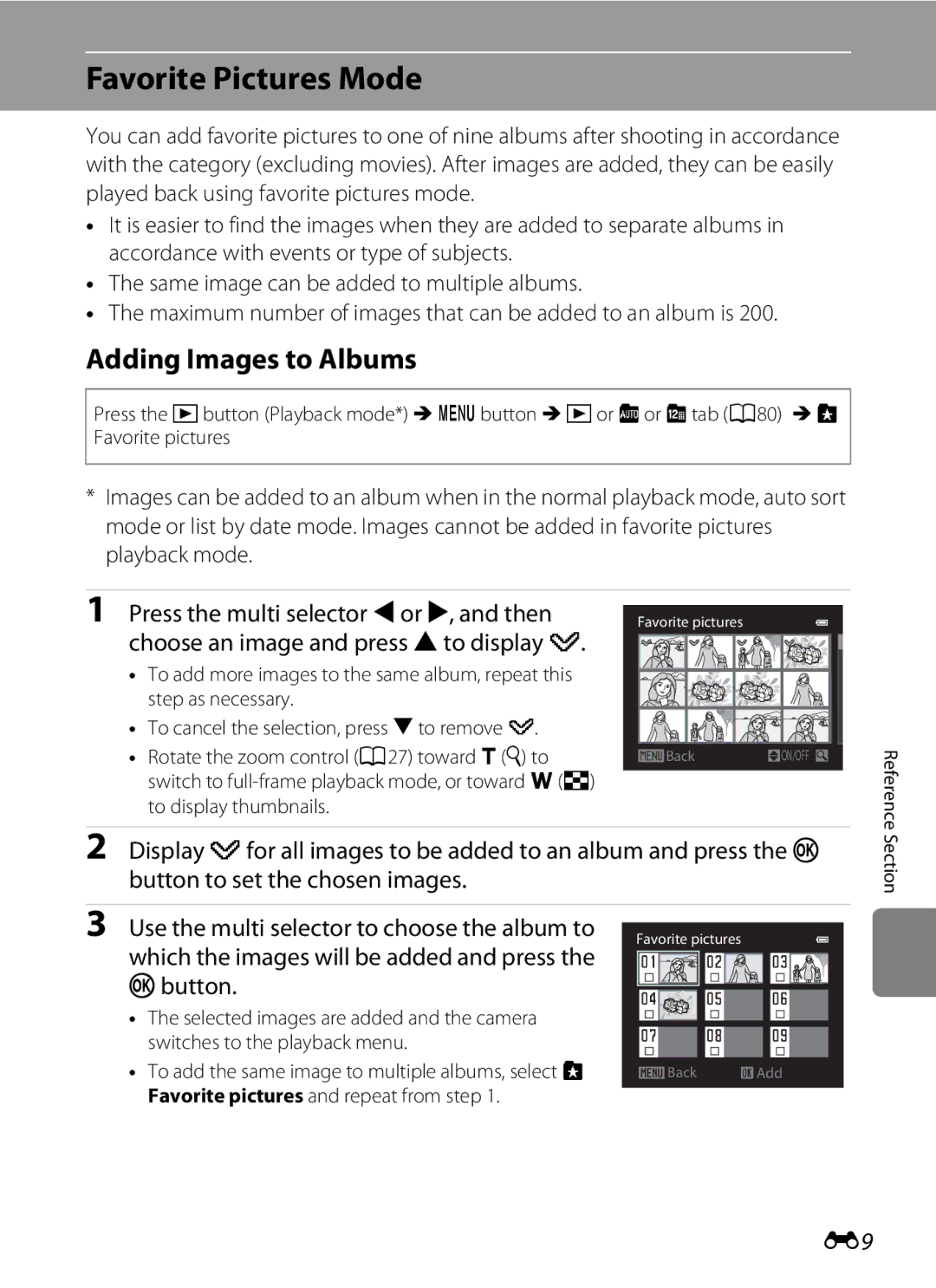 Nikon S9300 Favorite Pictures Mode, Adding Images to Albums, Which the images will be added and press the kbutton, Section 