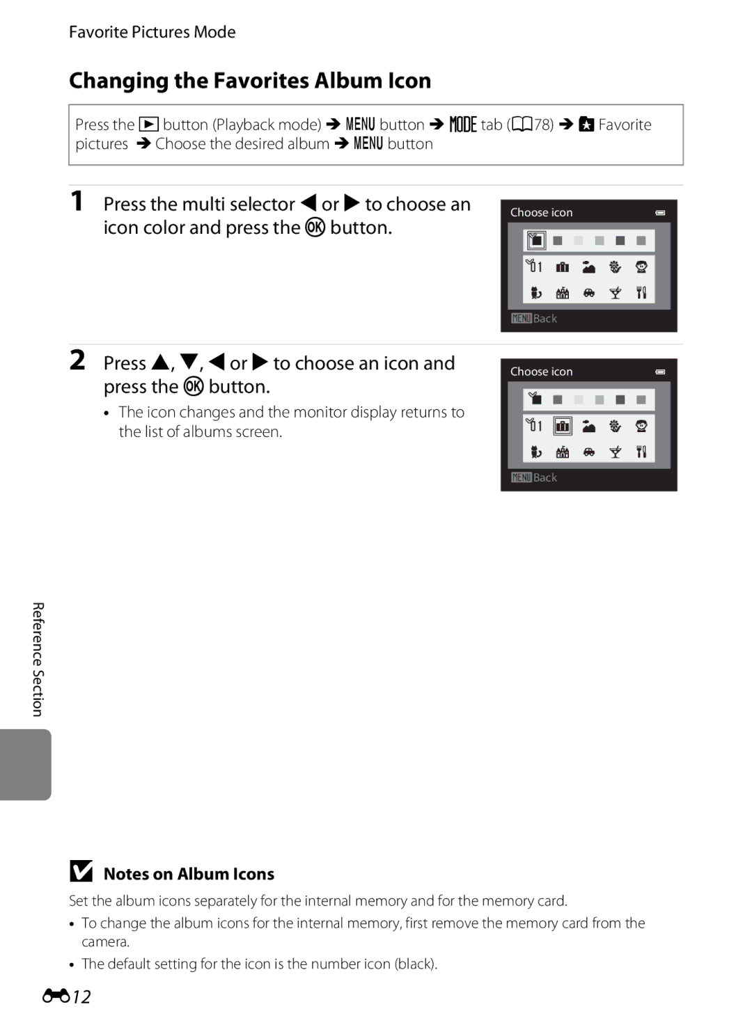 Nikon COOLPIXS9300SIL Changing the Favorites Album Icon, Press H, I, Jor Kto choose an icon and press the kbutton, E12 