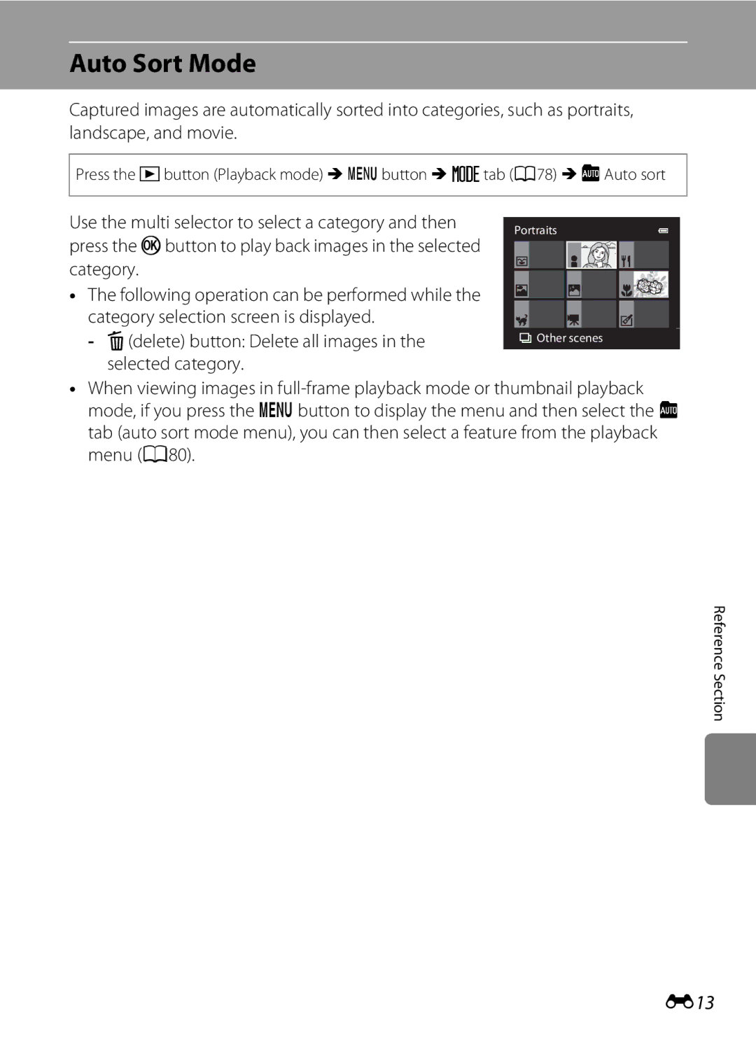 Nikon COOLPIXS9300SIL, S9200, COOLPIXS9300BLK Auto Sort Mode, E13, Use the multi selector to select a category and then 