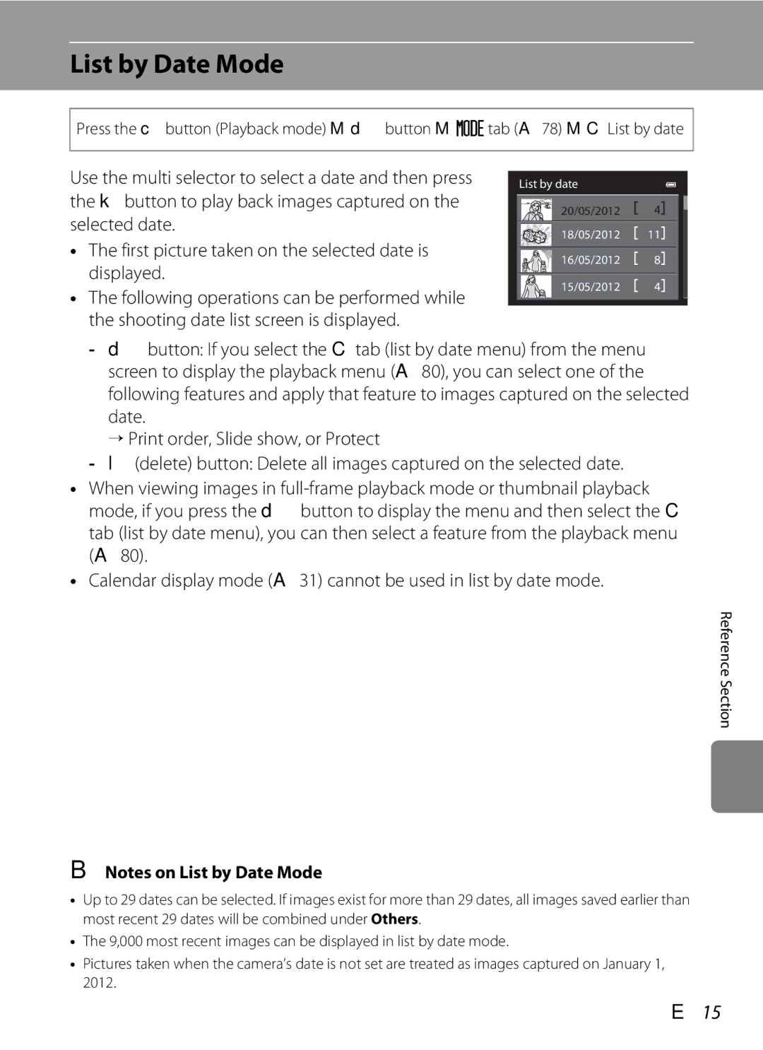 Nikon COOLPIXS9300BLK, COOLPIXS9300SIL, S9200 manual List by Date Mode, E15 