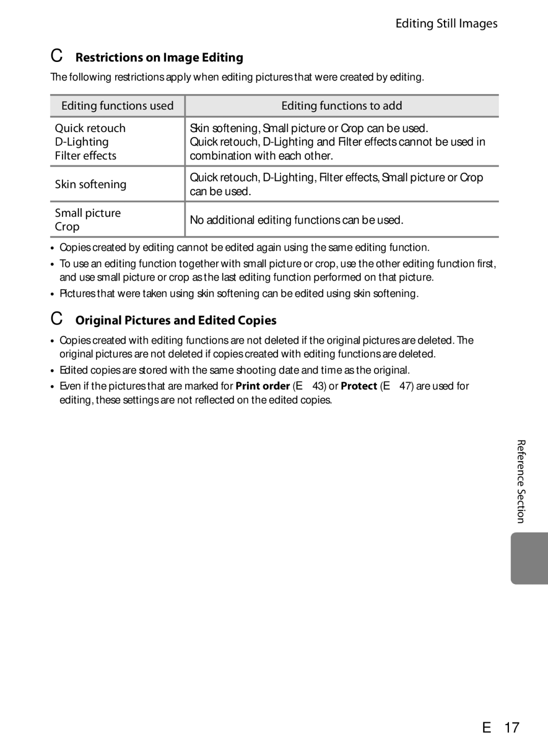 Nikon COOLPIXS9300SIL E17, Editing Still Images, Restrictions on Image Editing, Original Pictures and Edited Copies 