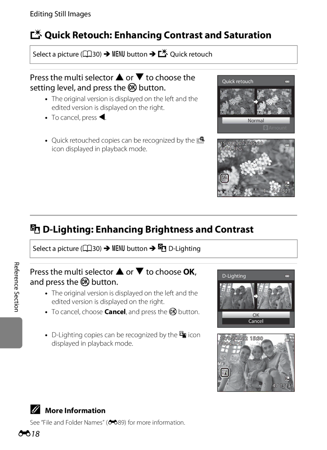 Nikon S9200, S9300 KQuick Retouch Enhancing Contrast and Saturation, ID-Lighting Enhancing Brightness and Contrast, E18 