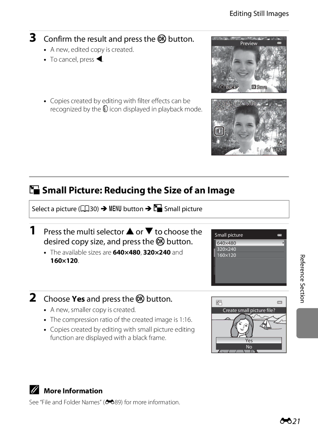 Nikon S9300, S9200 GSmall Picture Reducing the Size of an Image, Confirm the result and press the kbutton, E21, 160×120 