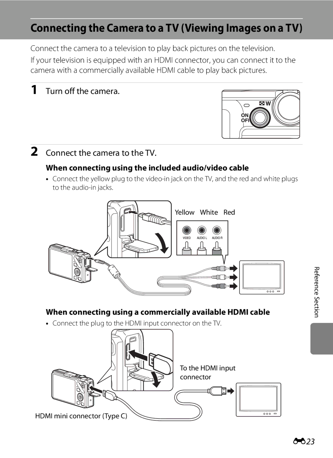 Nikon COOLPIXS9300BLK, COOLPIXS9300SIL, S9200 manual Turn off the camera Connect the camera to the TV, E23 