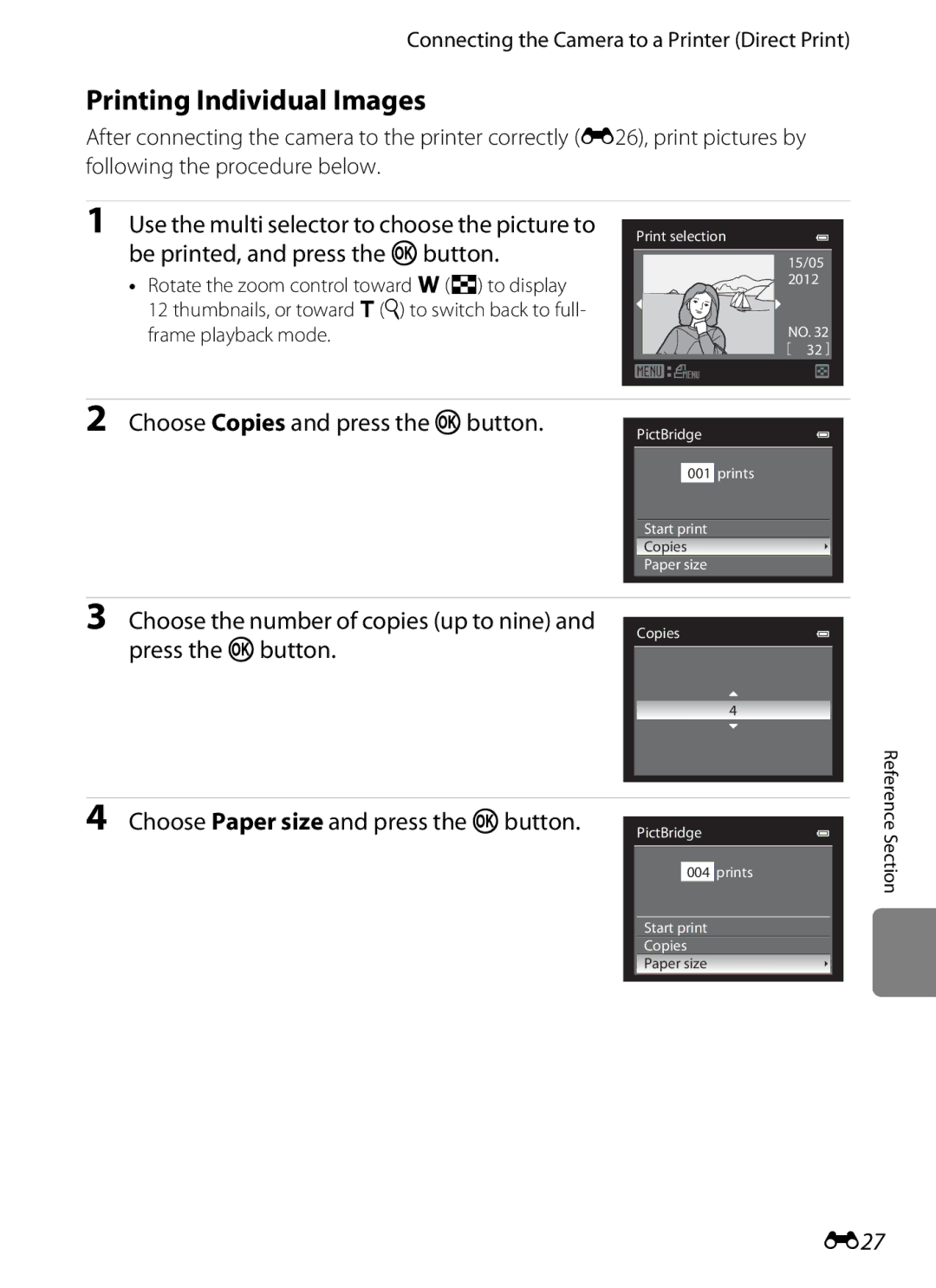 Nikon COOLPIXS9300BLK Printing Individual Images, Be printed, and press the kbutton, Choose Copies and press the kbutton 