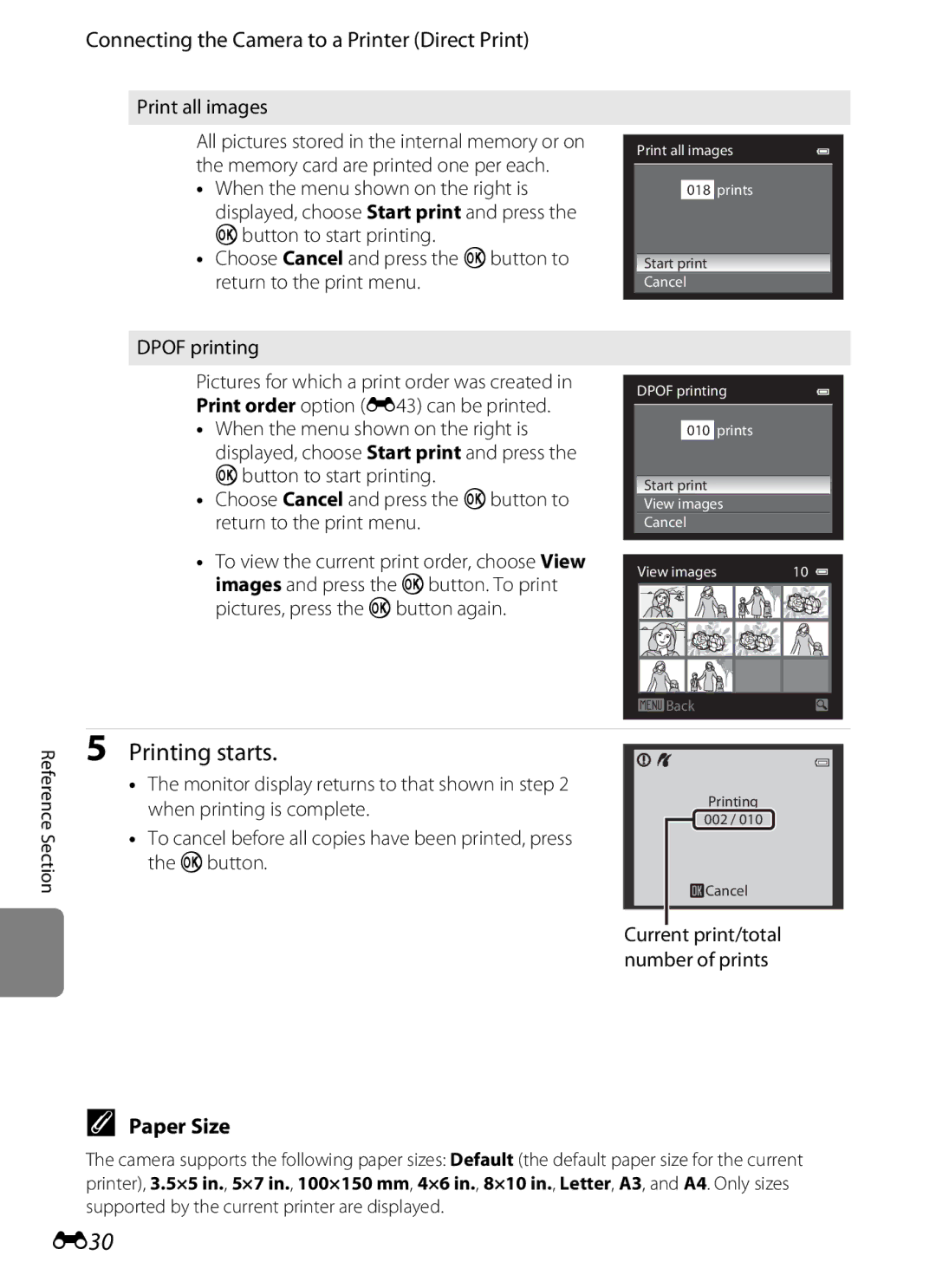 Nikon S9200, COOLPIXS9300SIL manual E30, Paper Size, Print all images, Monitor display returns to that shown in step 