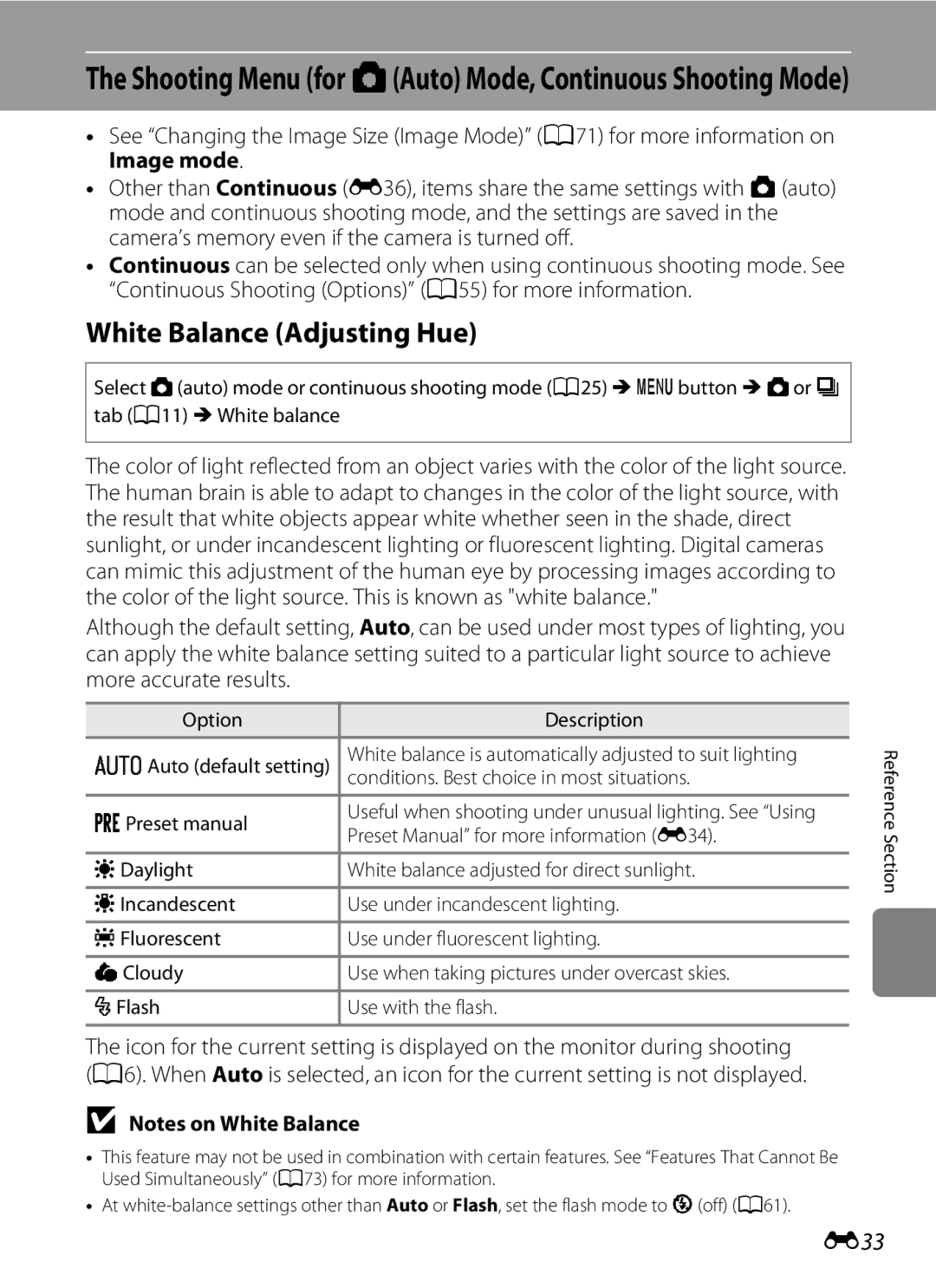 Nikon S9300 White Balance Adjusting Hue, Shooting Menu for AAuto Mode, Continuous Shooting Mode, E33, BPreset manual 