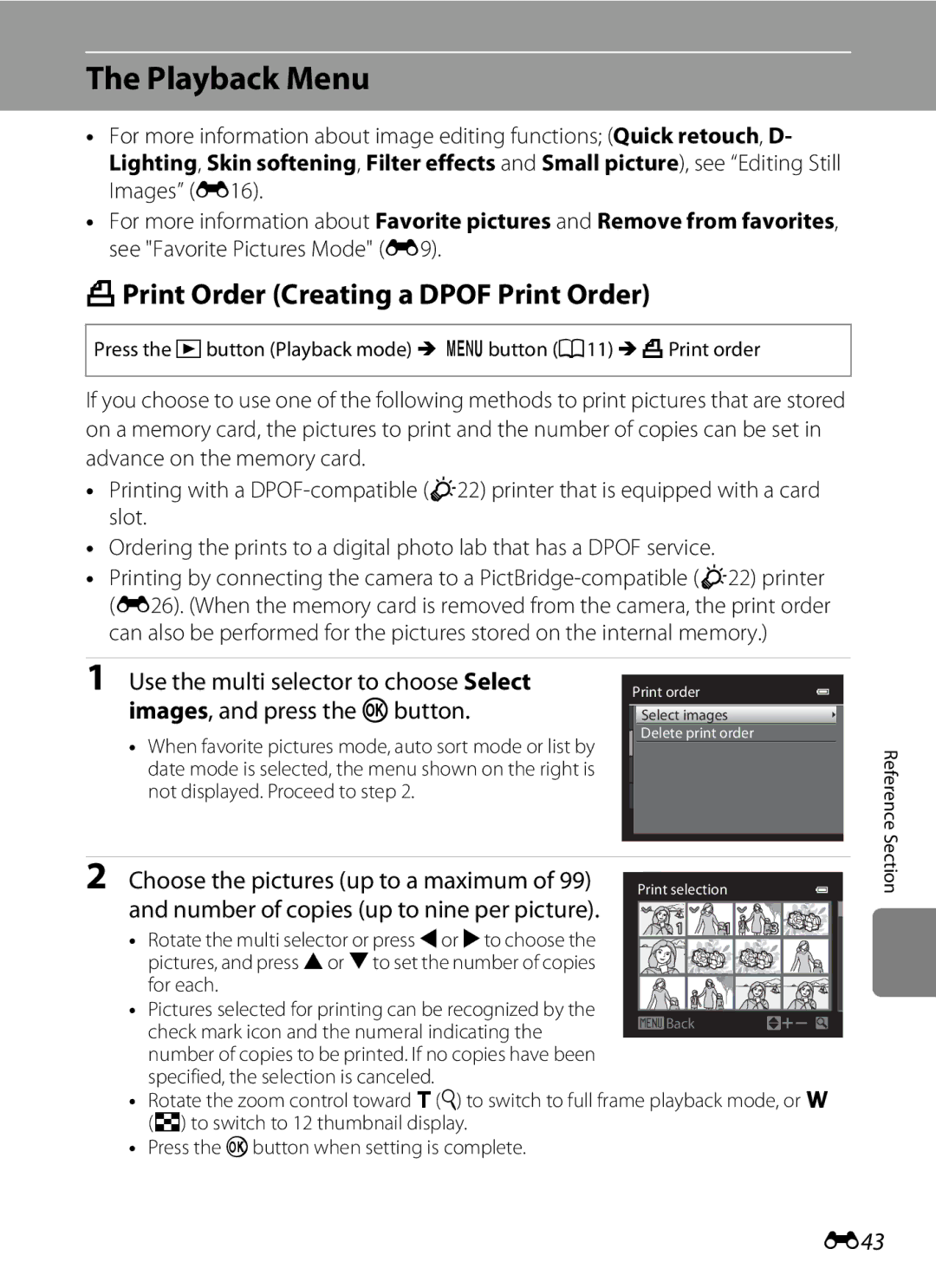 Nikon COOLPIXS9300BLK Playback Menu, APrint Order Creating a Dpof Print Order, Choose the pictures up to a maximum, E43 