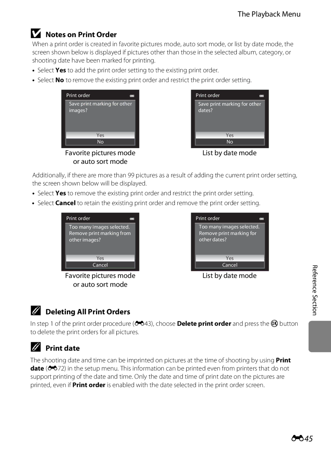 Nikon S9300, S9200 E45, Deleting All Print Orders, Print date, Favorite pictures mode Or auto sort mode, List by date mode 