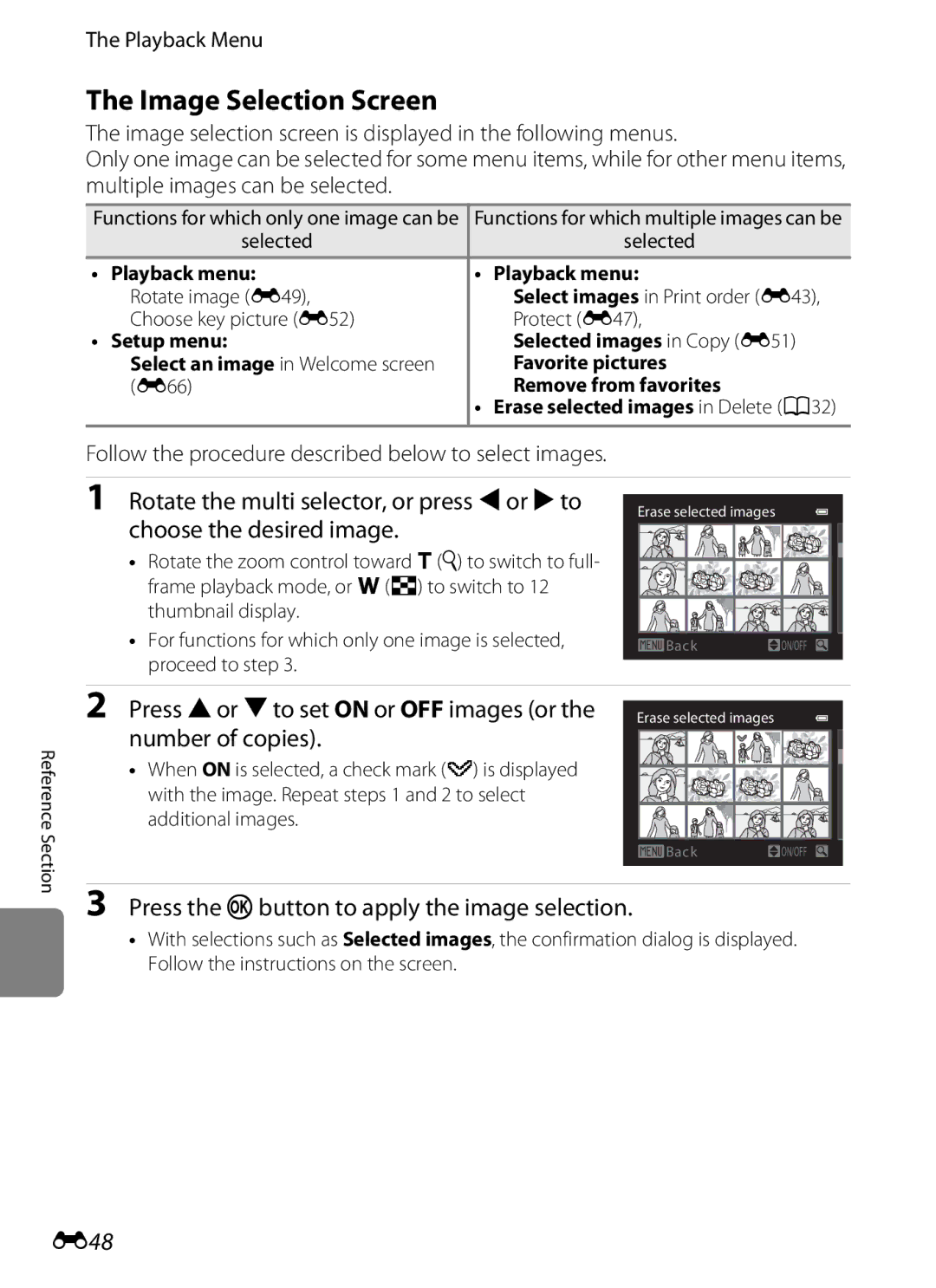 Nikon COOLPIXS9300SIL, S9200 manual Image Selection Screen, Press Hor Ito set on or OFF images or the number of copies, E48 