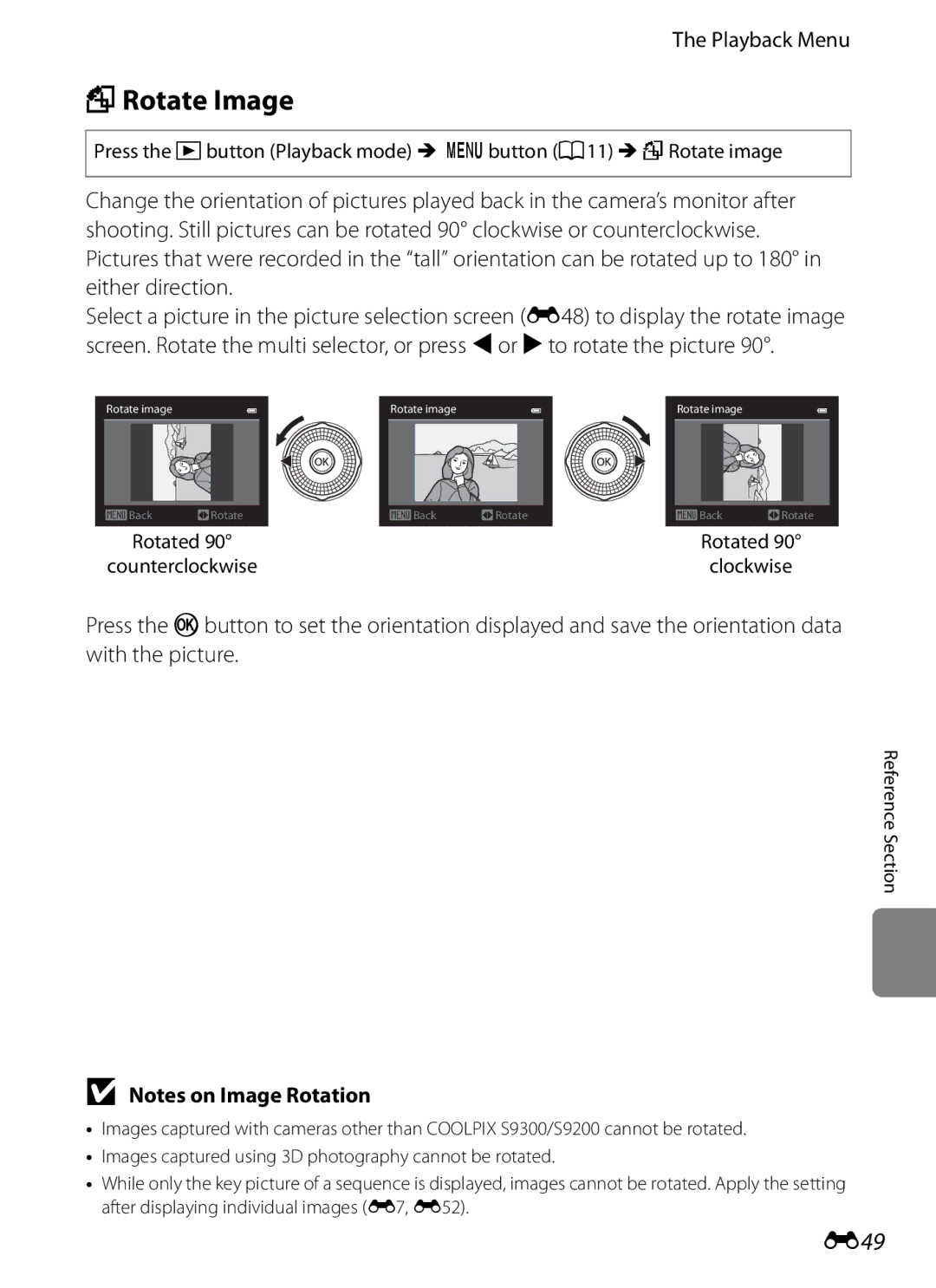 Nikon COOLPIXS9300SIL, S9200, COOLPIXS9300BLK manual FRotate Image, E49, Rotated Counterclockwise, Rotated Clockwise 