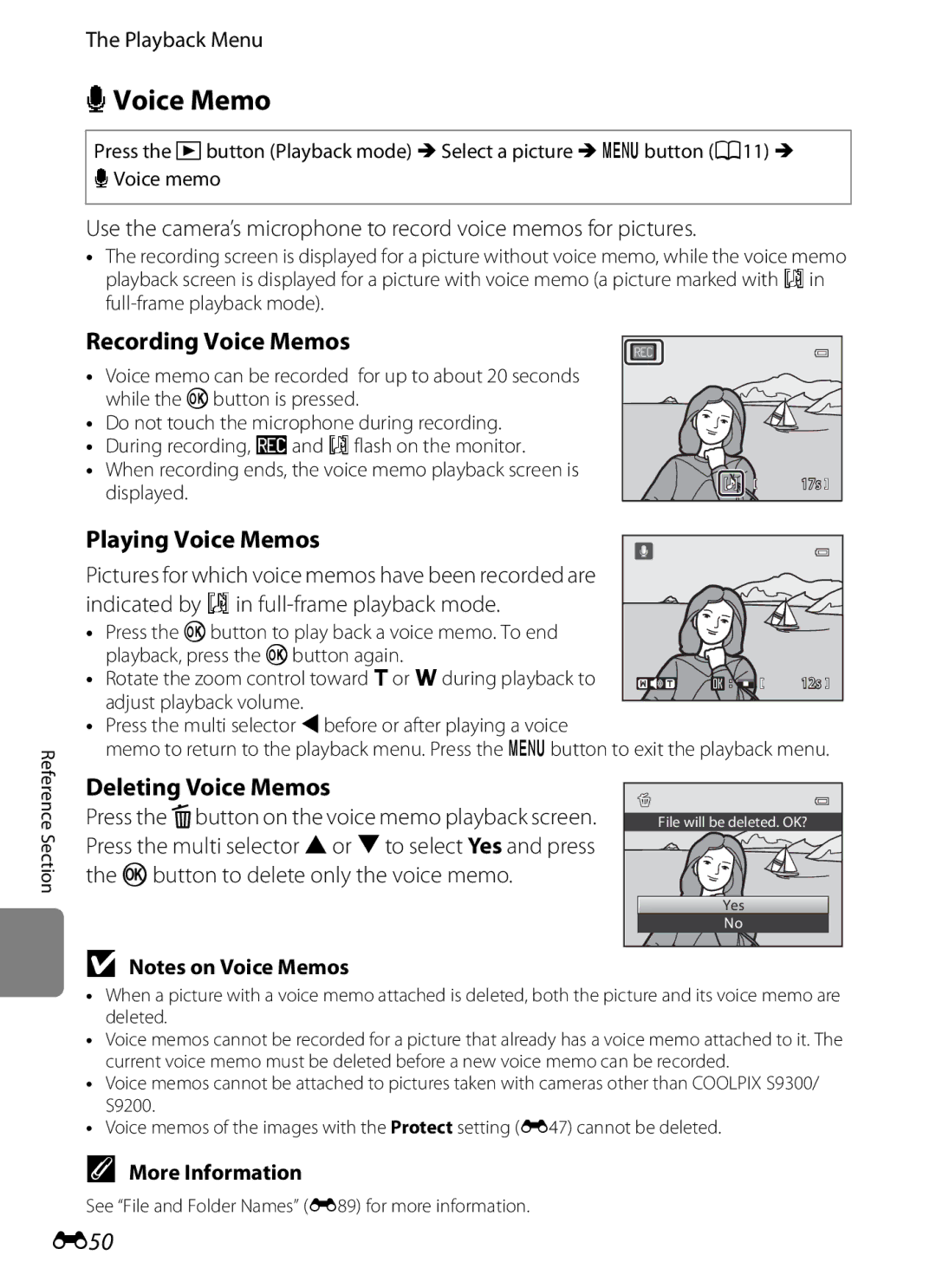 Nikon S9200, COOLPIXS9300SIL manual EVoice Memo, Recording Voice Memos, Playing Voice Memos, Deleting Voice Memos, E50 