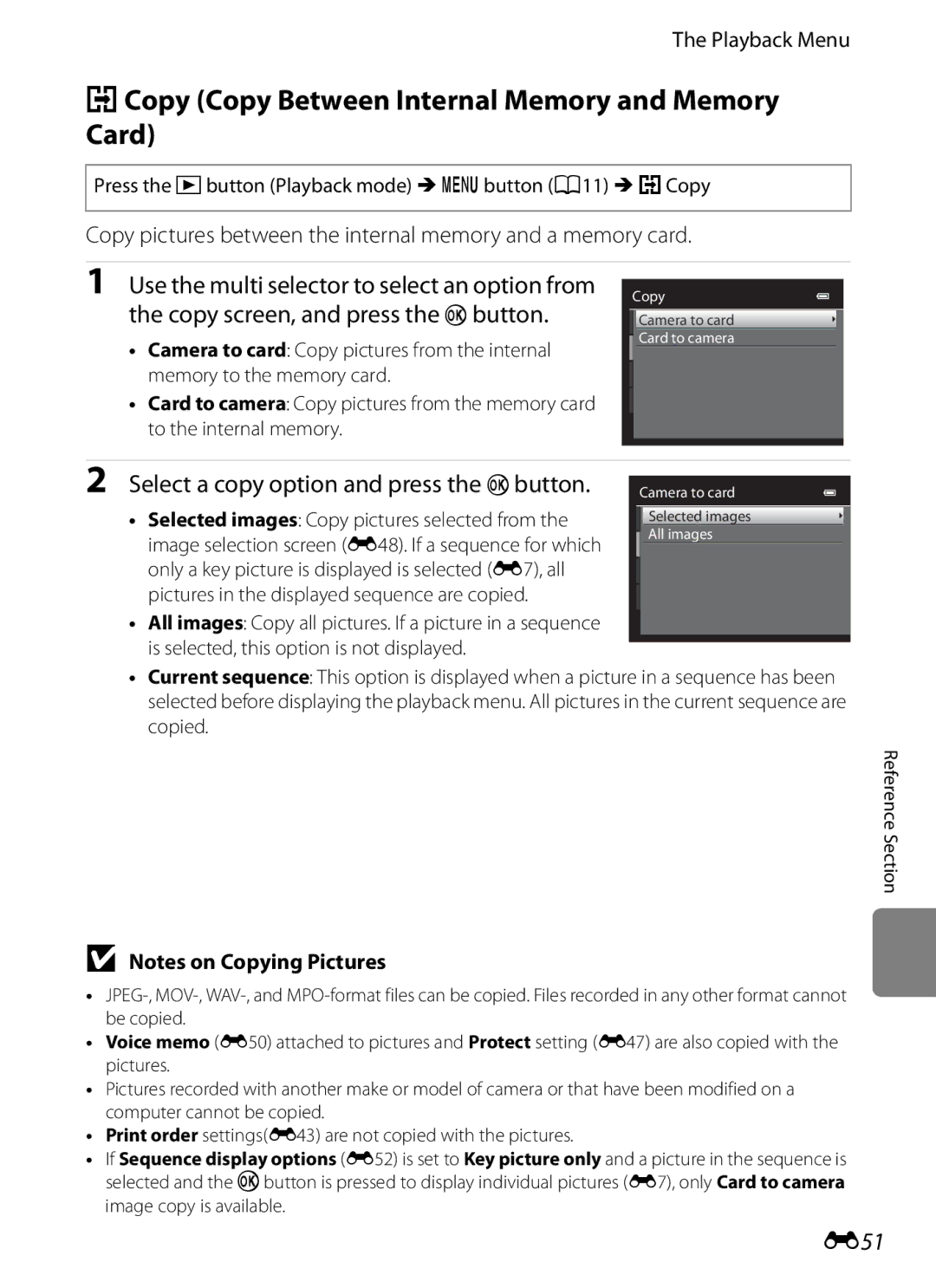 Nikon COOLPIXS9300BLK HCopy Copy Between Internal Memory and Memory Card, Select a copy option and press the k button, E51 