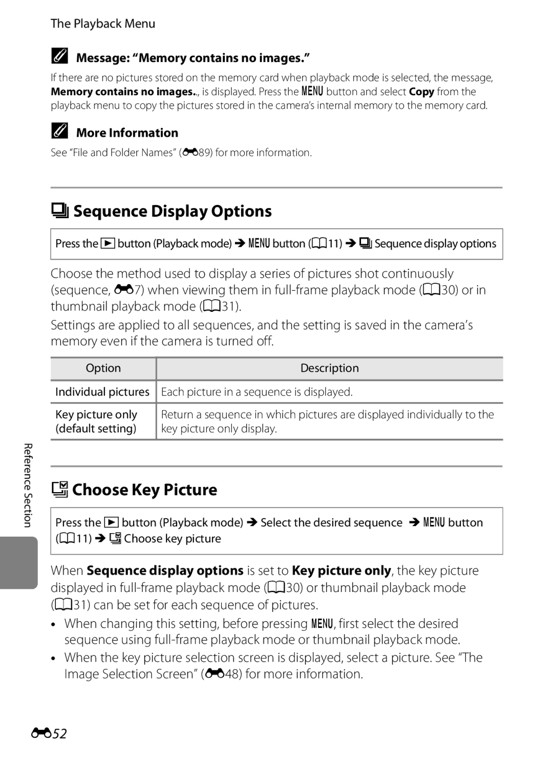 Nikon COOLPIXS9300SIL, S9200 manual CSequence Display Options, XChoose Key Picture, E52, Message Memory contains no images 