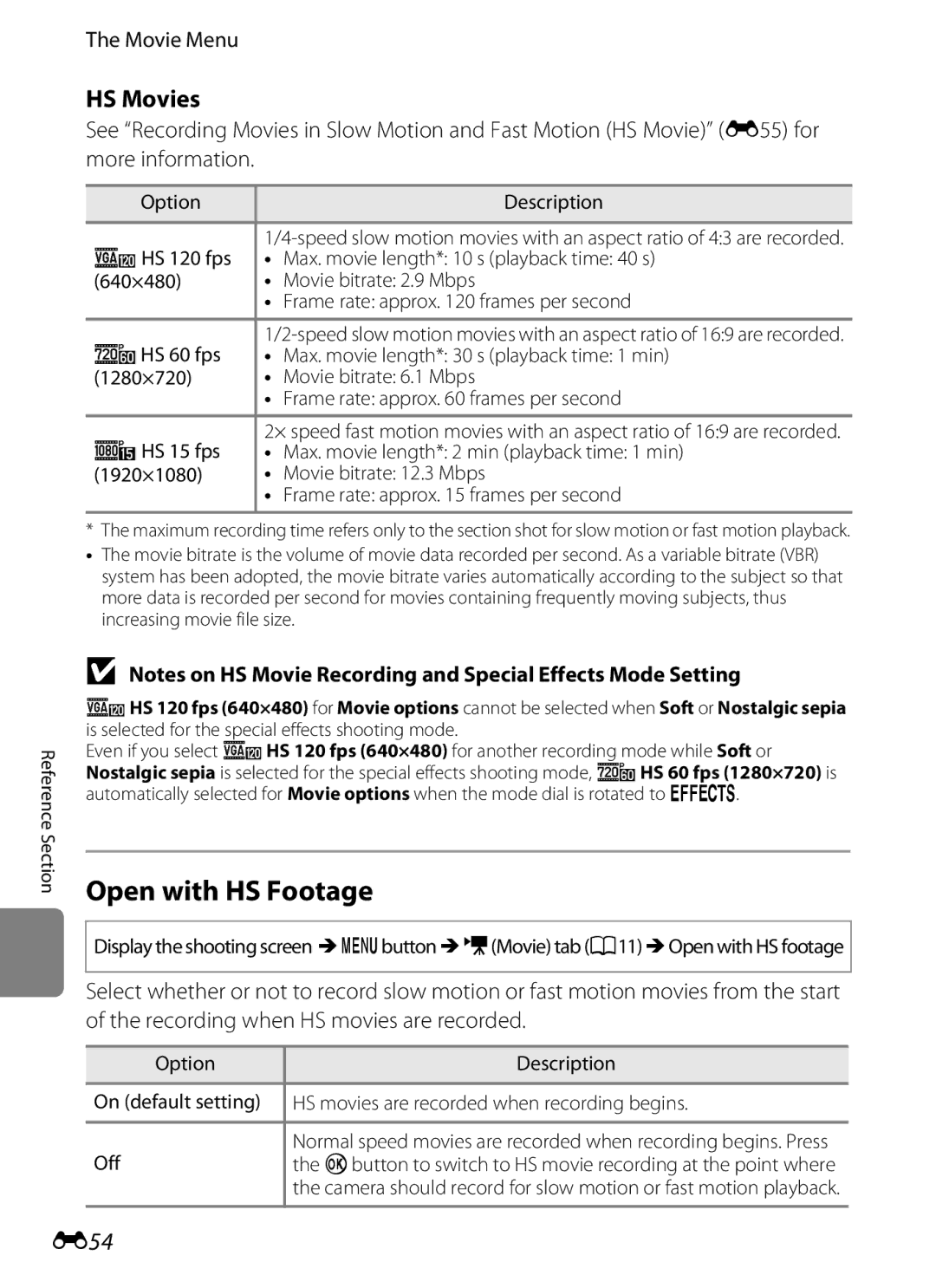 Nikon S9200, COOLPIXS9300SIL, COOLPIXS9300BLK manual Open with HS Footage, HS Movies, E54, Movie Menu 