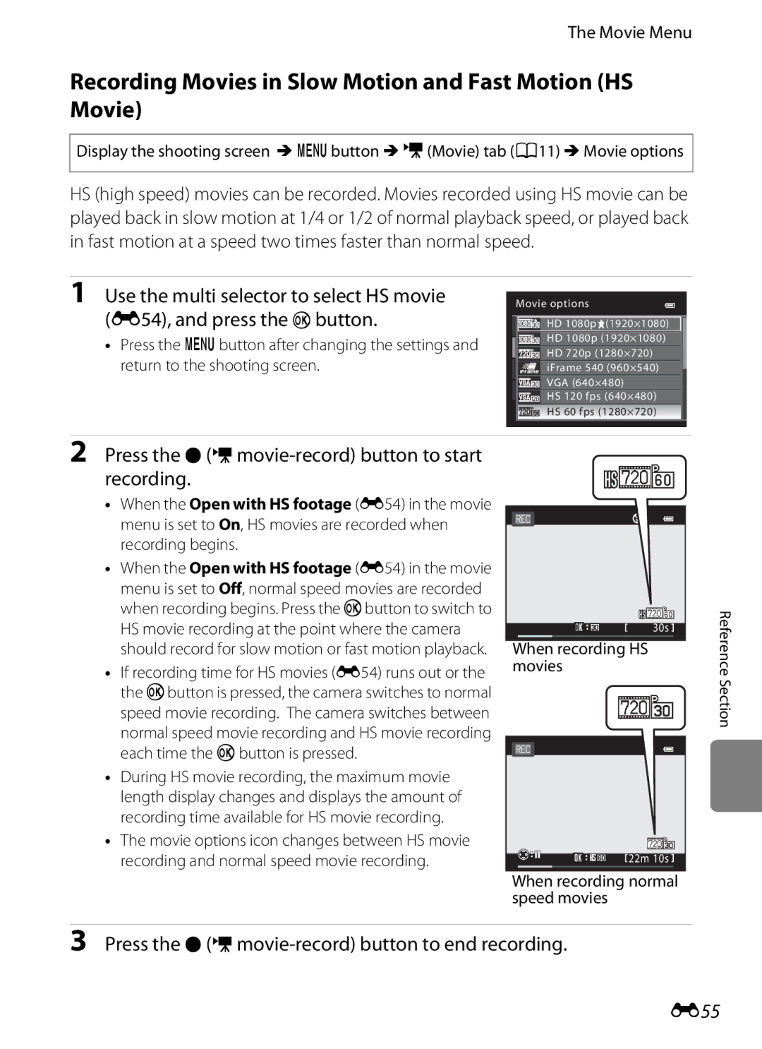 Nikon COOLPIXS9300BLK, COOLPIXS9300SIL, S9200 manual Recording Movies in Slow Motion and Fast Motion HS Movie, E55 