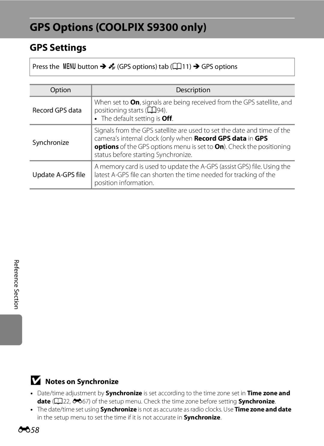 Nikon S9200, COOLPIXS9300SIL, COOLPIXS9300BLK manual GPS Options Coolpix S9300 only, GPS Settings, E58 