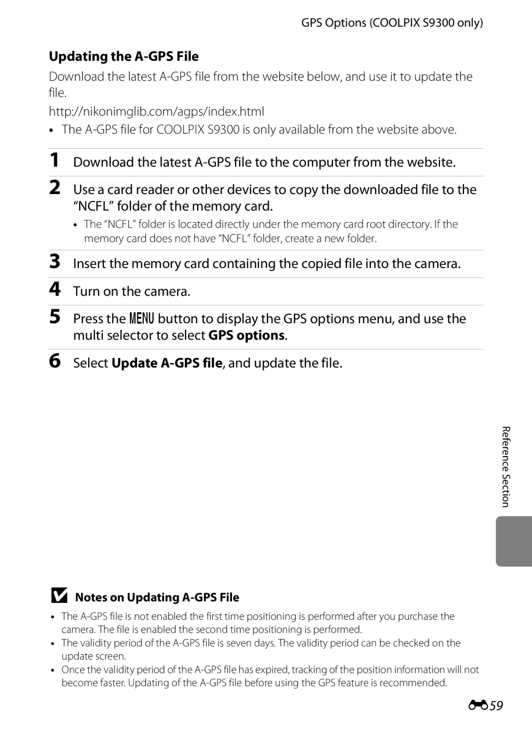 Nikon COOLPIXS9300BLK, COOLPIXS9300SIL, S9200 manual Updating the A-GPS File, E59, GPS Options Coolpix S9300 only 