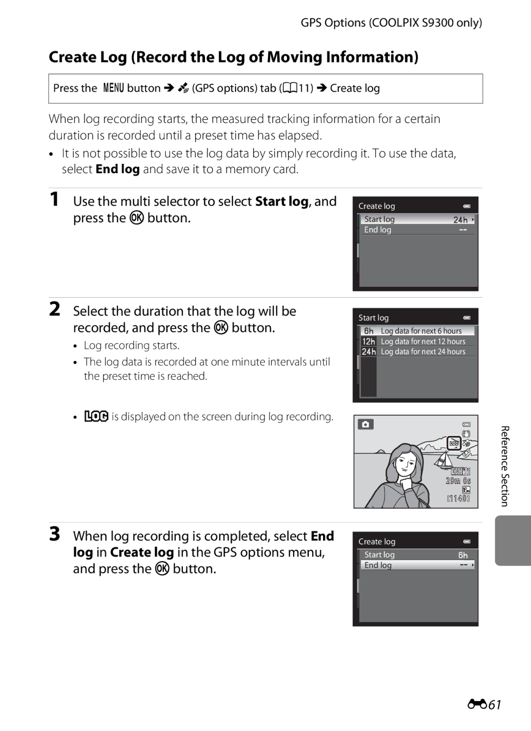 Nikon S9300, S9200 manual Create Log Record the Log of Moving Information, E61, When log recording is completed, select End 