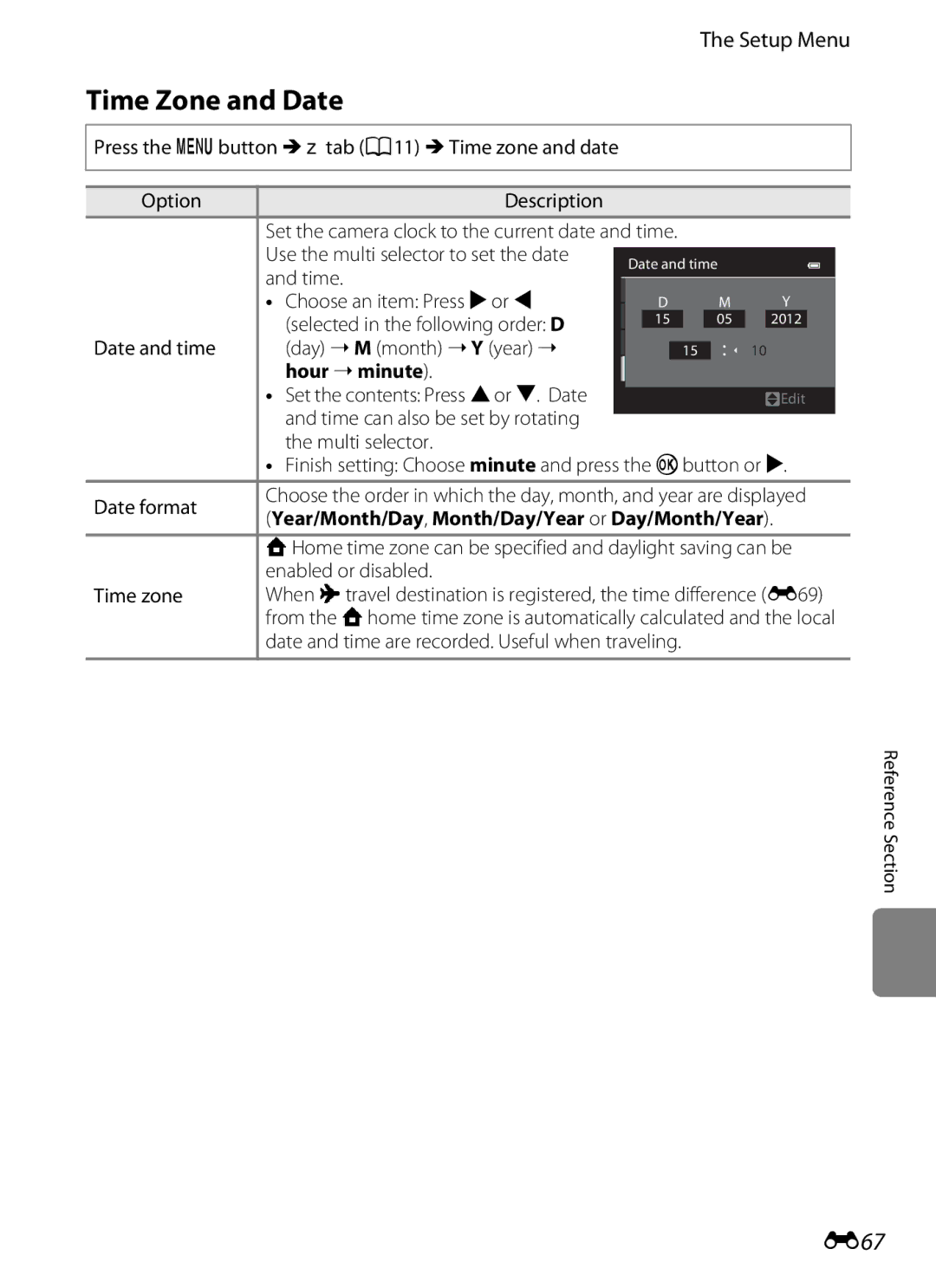 Nikon COOLPIXS9300BLK, S9200 manual Time Zone and Date, E67, Hour minute, Year/Month/Day, Month/Day/Year or Day/Month/Year 