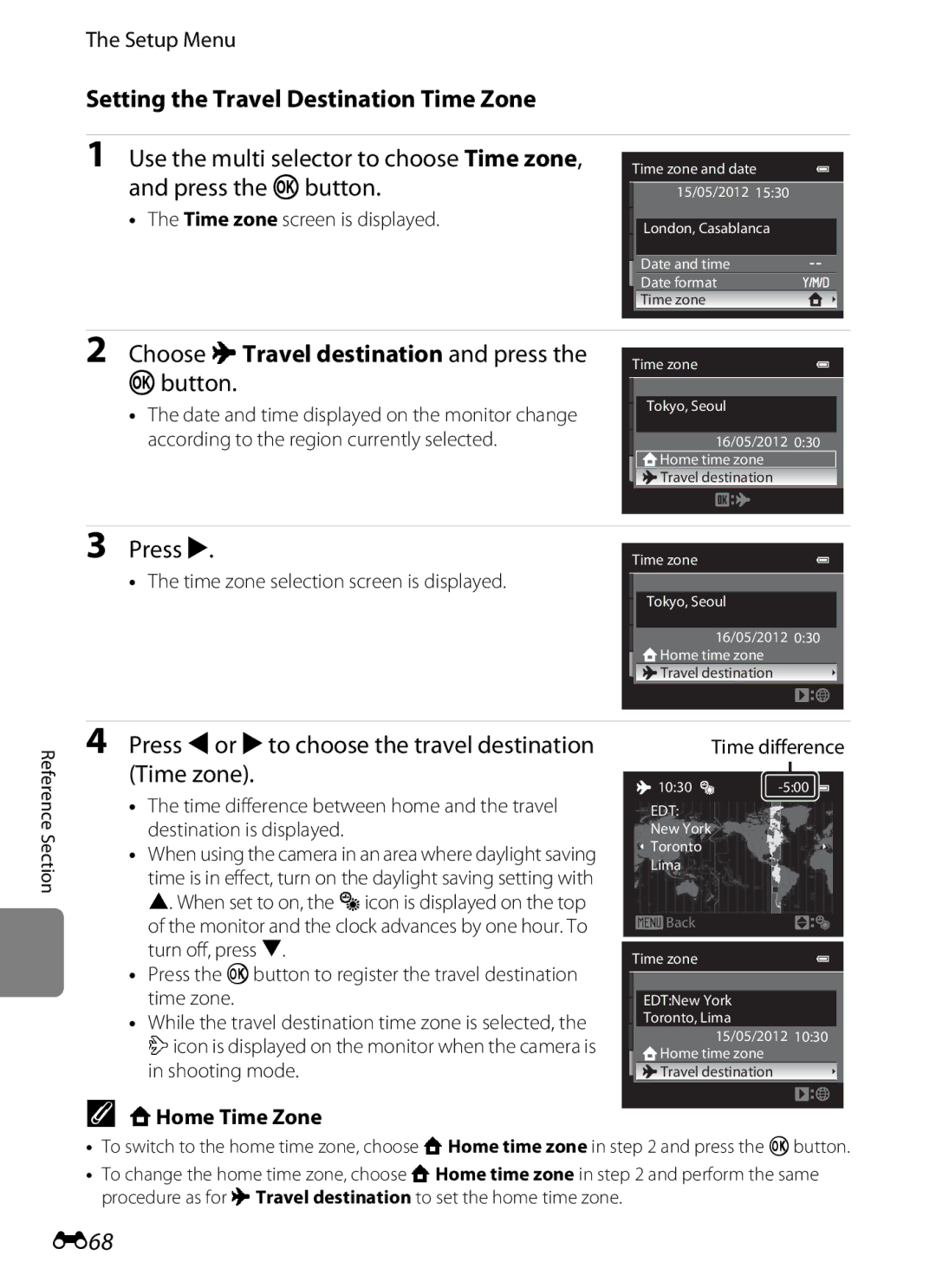 Nikon COOLPIXS9300SIL Setting the Travel Destination Time Zone, Choose xTravel destination and press the kbutton, Press K 