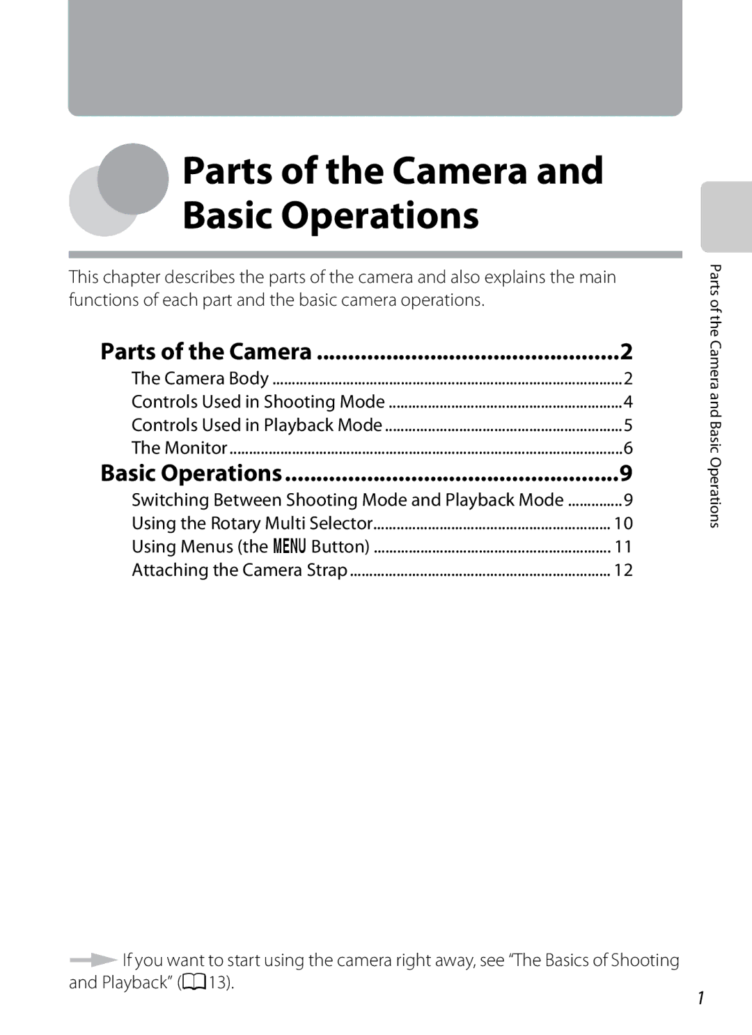 Nikon COOLPIXS9300BLK, S9200 manual Parts of the Camera, Basic Operations, Switching Between Shooting Mode and Playback Mode 