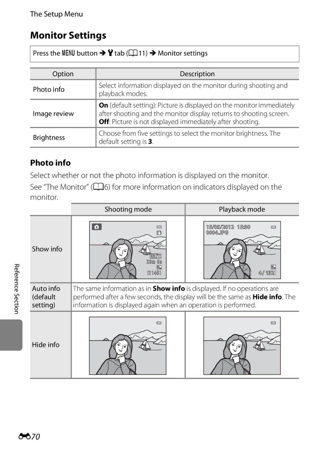 Nikon S9200, COOLPIXS9300SIL, COOLPIXS9300BLK manual Monitor Settings, Photo info, E70 