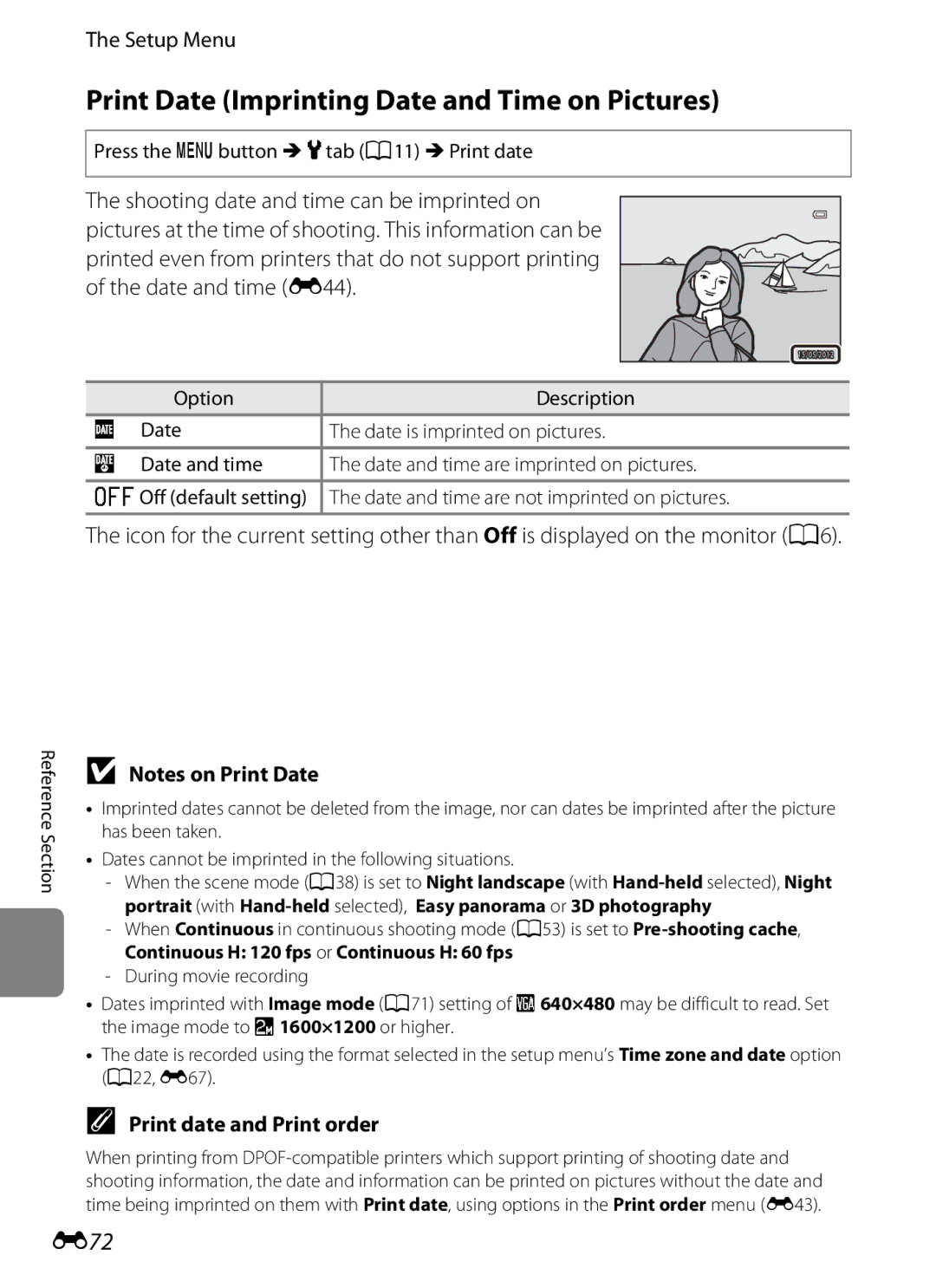 Nikon COOLPIXS9300SIL, S9200 manual Print Date Imprinting Date and Time on Pictures, E72, Print date and Print order 