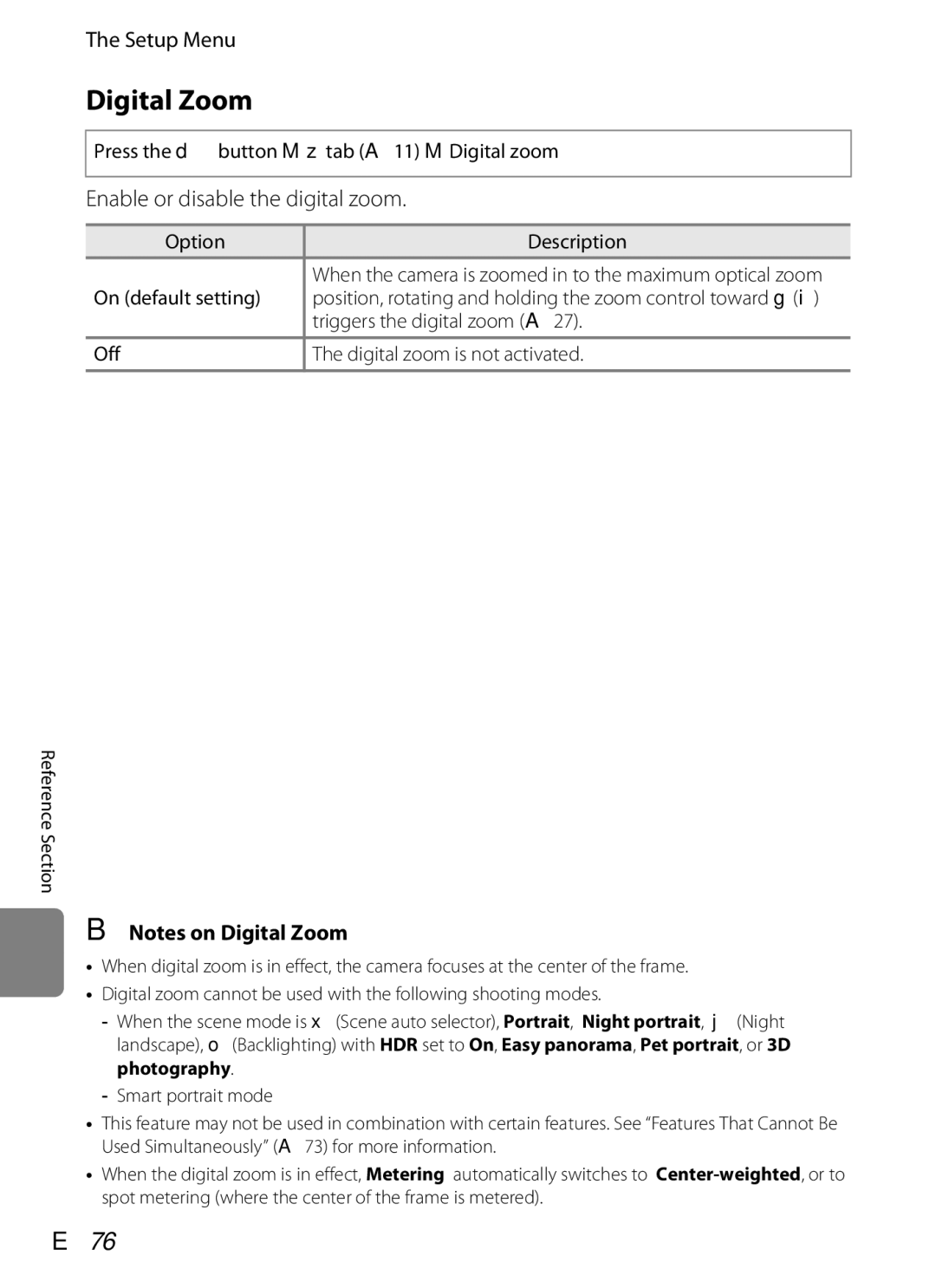 Nikon COOLPIXS9300SIL, S9200, COOLPIXS9300BLK manual Digital Zoom, E76, Enable or disable the digital zoom 