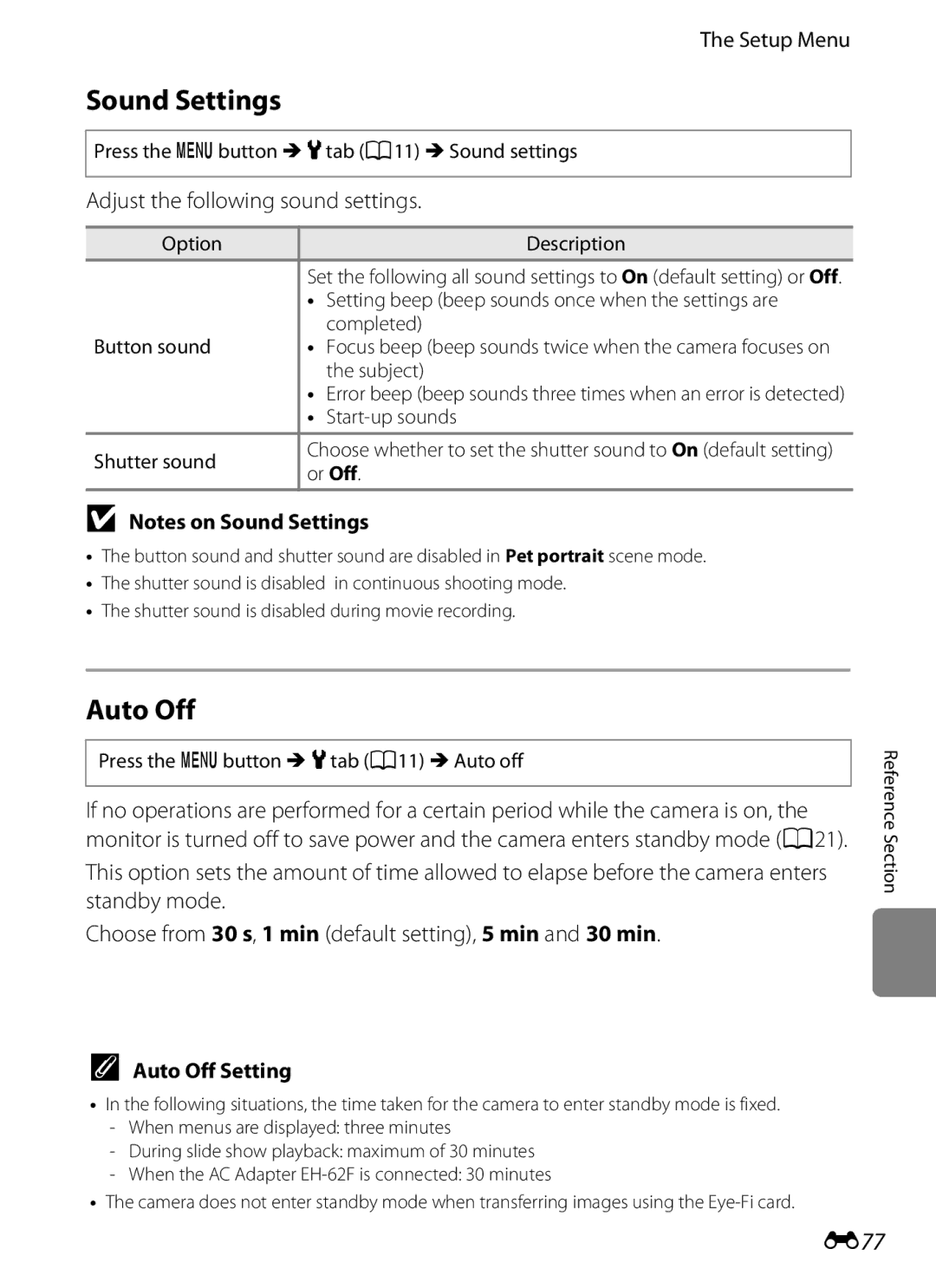 Nikon COOLPIXS9300SIL, S9200 manual Sound Settings, E77, Adjust the following sound settings, Auto Off Setting 