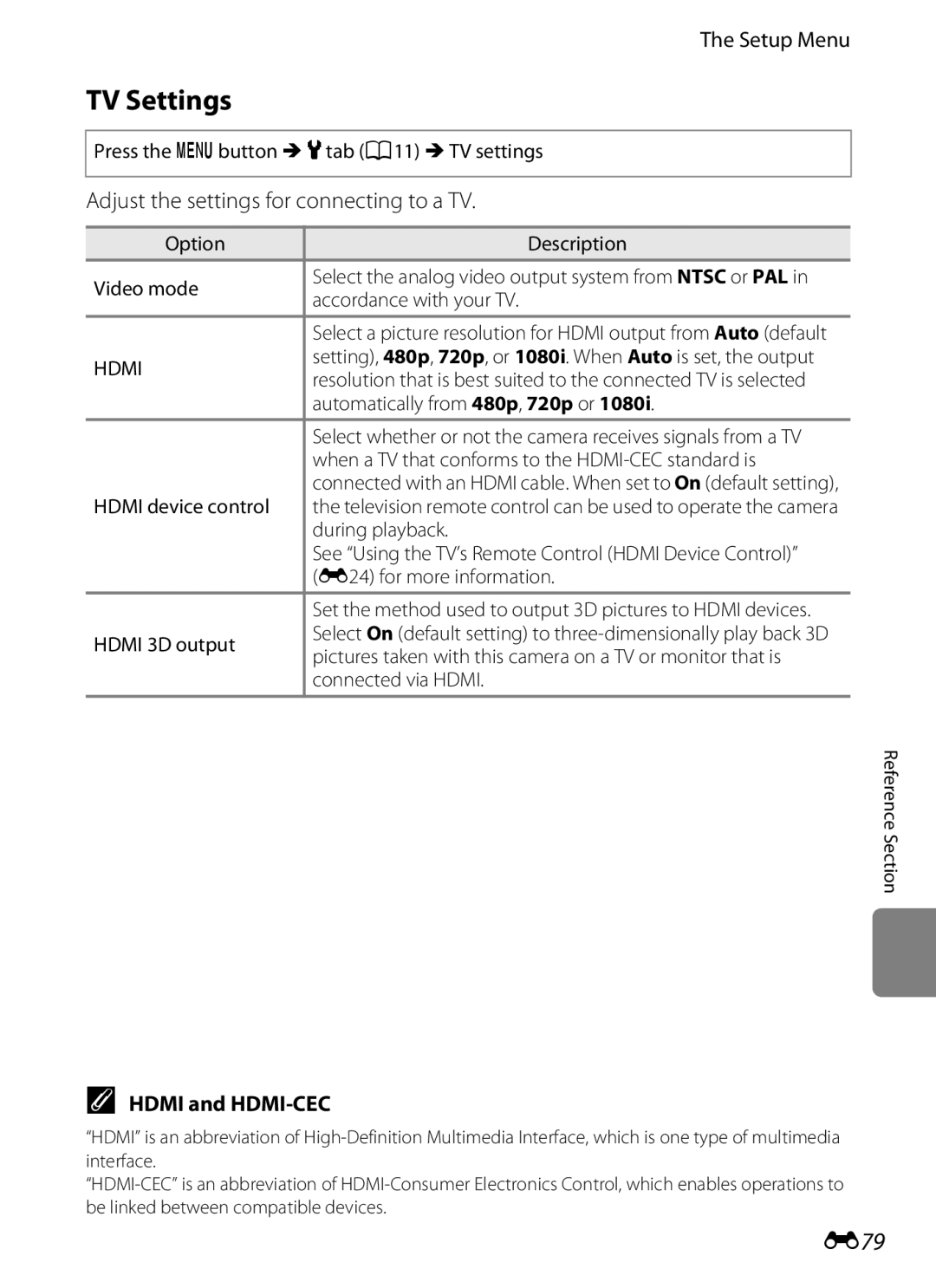 Nikon COOLPIXS9300BLK, COOLPIXS9300SIL TV Settings, E79, Adjust the settings for connecting to a TV, Hdmi and HDMI-CEC 