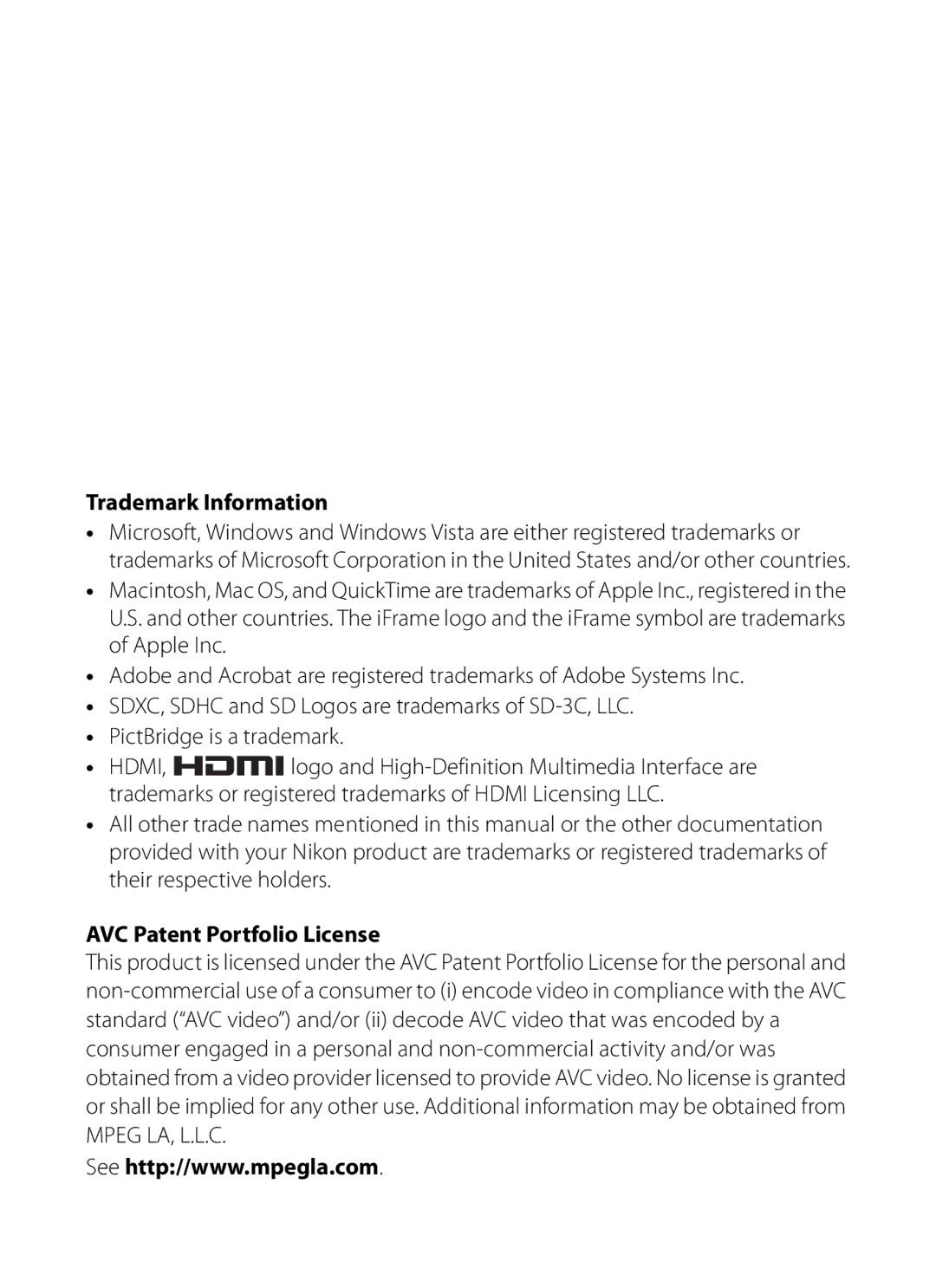 Nikon S9200, COOLPIXS9300SIL, COOLPIXS9300BLK manual Trademark Information, AVC Patent Portfolio License 