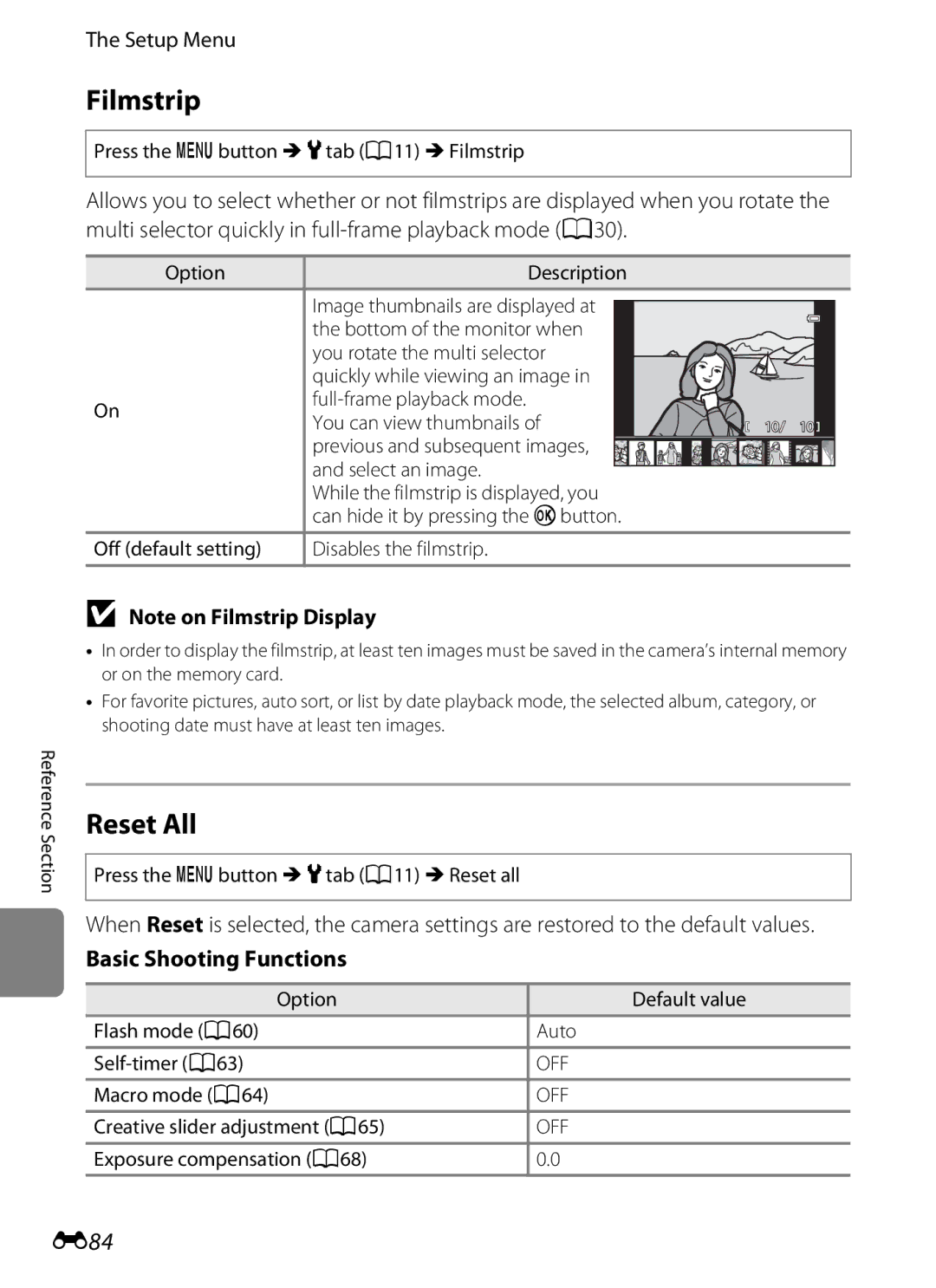 Nikon COOLPIXS9300SIL, S9200, COOLPIXS9300BLK manual Filmstrip, Reset All, E84, Basic Shooting Functions 