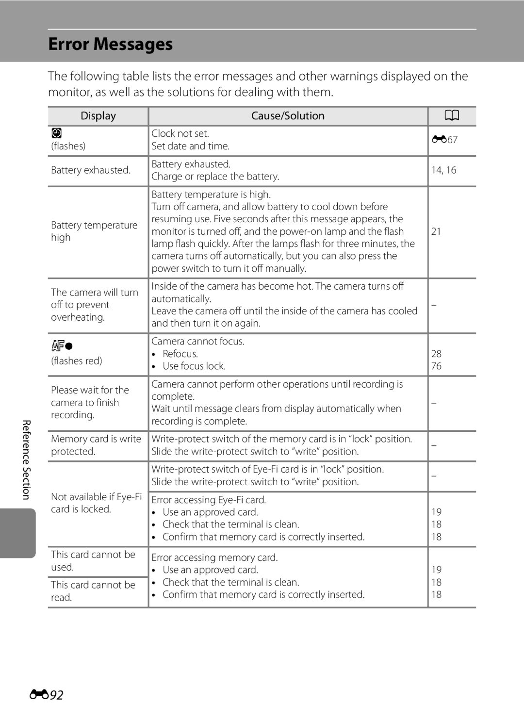 Nikon COOLPIXS9300SIL, S9200, COOLPIXS9300BLK manual Error Messages, E92, Display Cause/Solution 