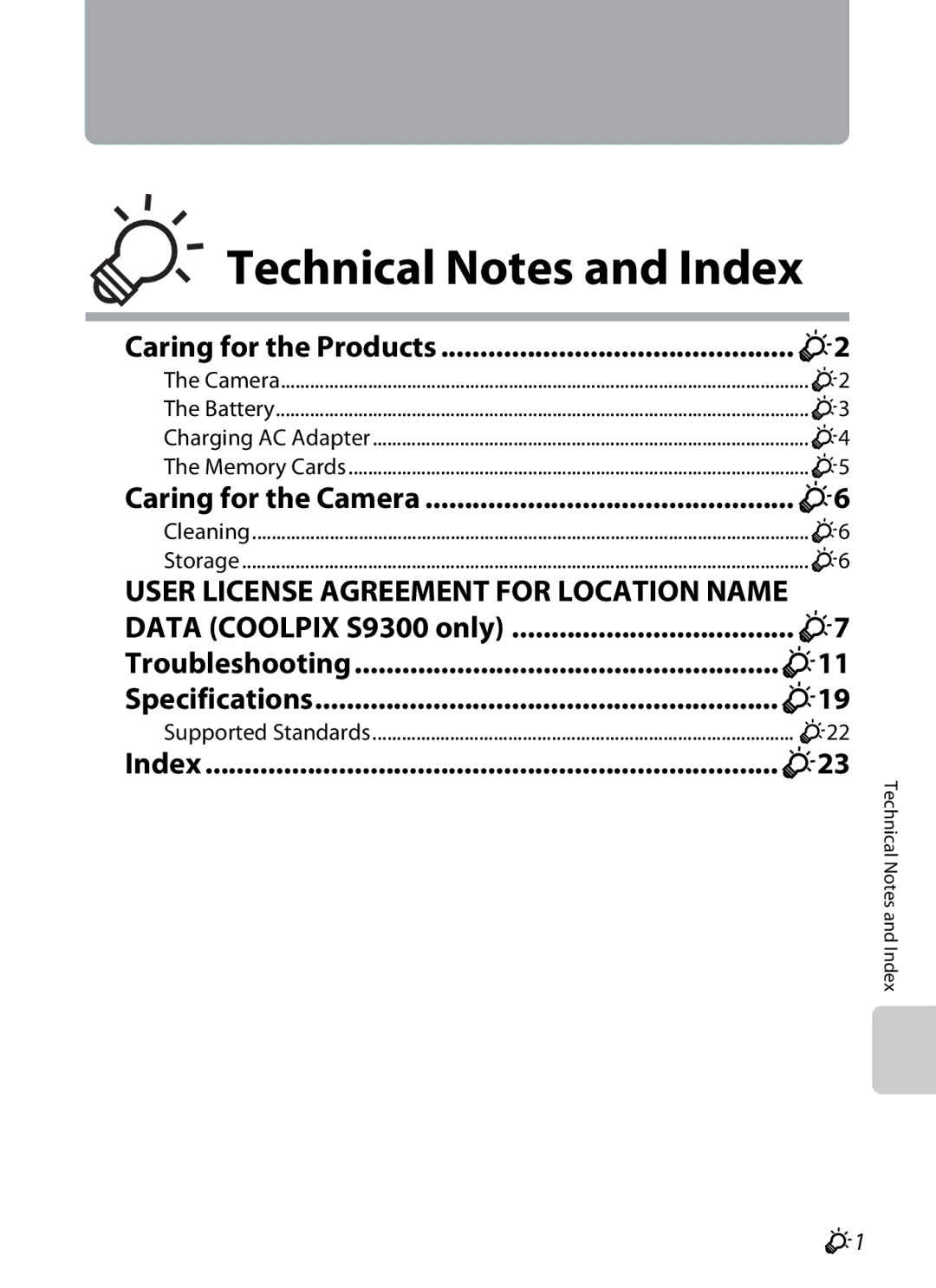 Nikon Caring for the Products, Caring for the Camera, Data Coolpix S9300 only Troubleshooting, Specifications, Index 