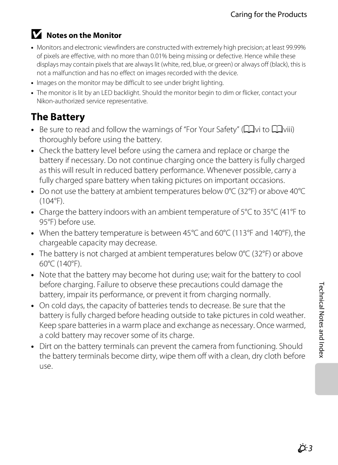 Nikon COOLPIXS9300BLK, COOLPIXS9300SIL, S9200 manual Battery, Caring for the Products 