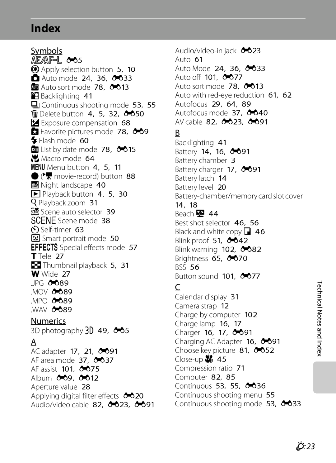 Nikon COOLPIXS9300BLK, S9200 manual Index, Symbols, Numerics, F23, Calendar display 31 Camera strap 12 Charge by computer 