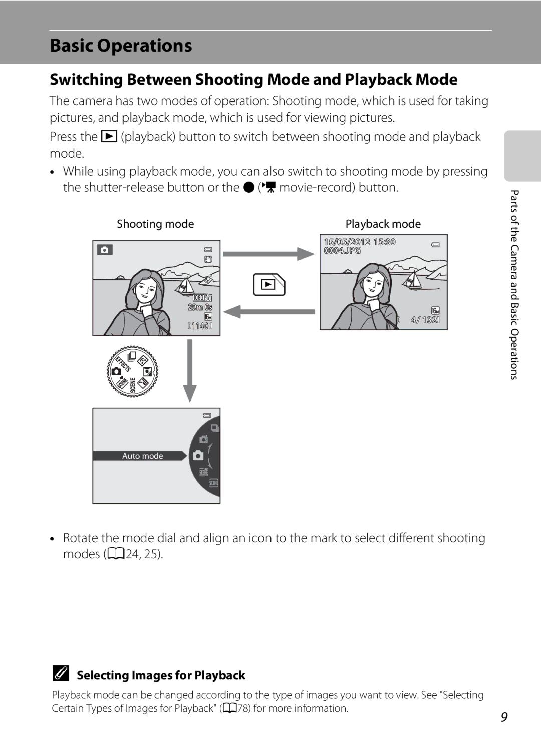 Nikon COOLPIXS9300BLK Basic Operations, Switching Between Shooting Mode and Playback Mode, Selecting Images for Playback 