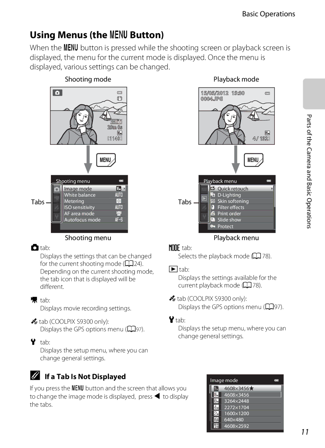 Nikon COOLPIXS9300SIL, S9200 manual Using Menus the dButton, If a Tab Is Not Displayed, Shooting menu, Playback menu 