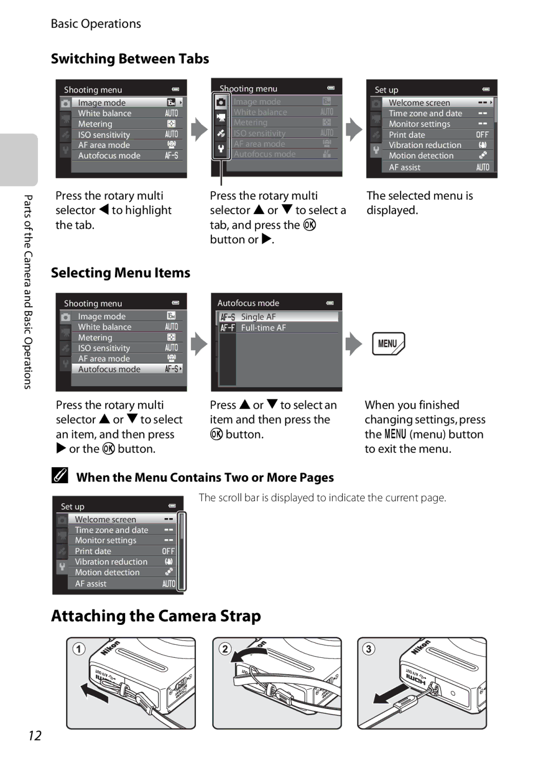 Nikon S9200, COOLPIXS9300SIL, COOLPIXS9300BLK manual Attaching the Camera Strap, Switching Between Tabs, Selecting Menu Items 