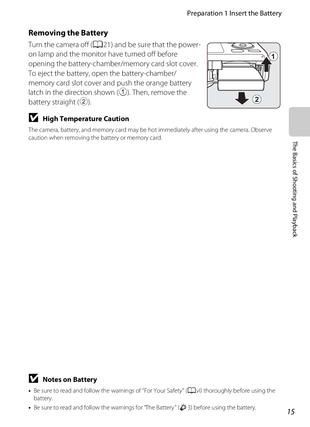 Nikon COOLPIXS9300SIL, S9200 manual Removing the Battery, Preparation 1 Insert the Battery, High Temperature Caution 