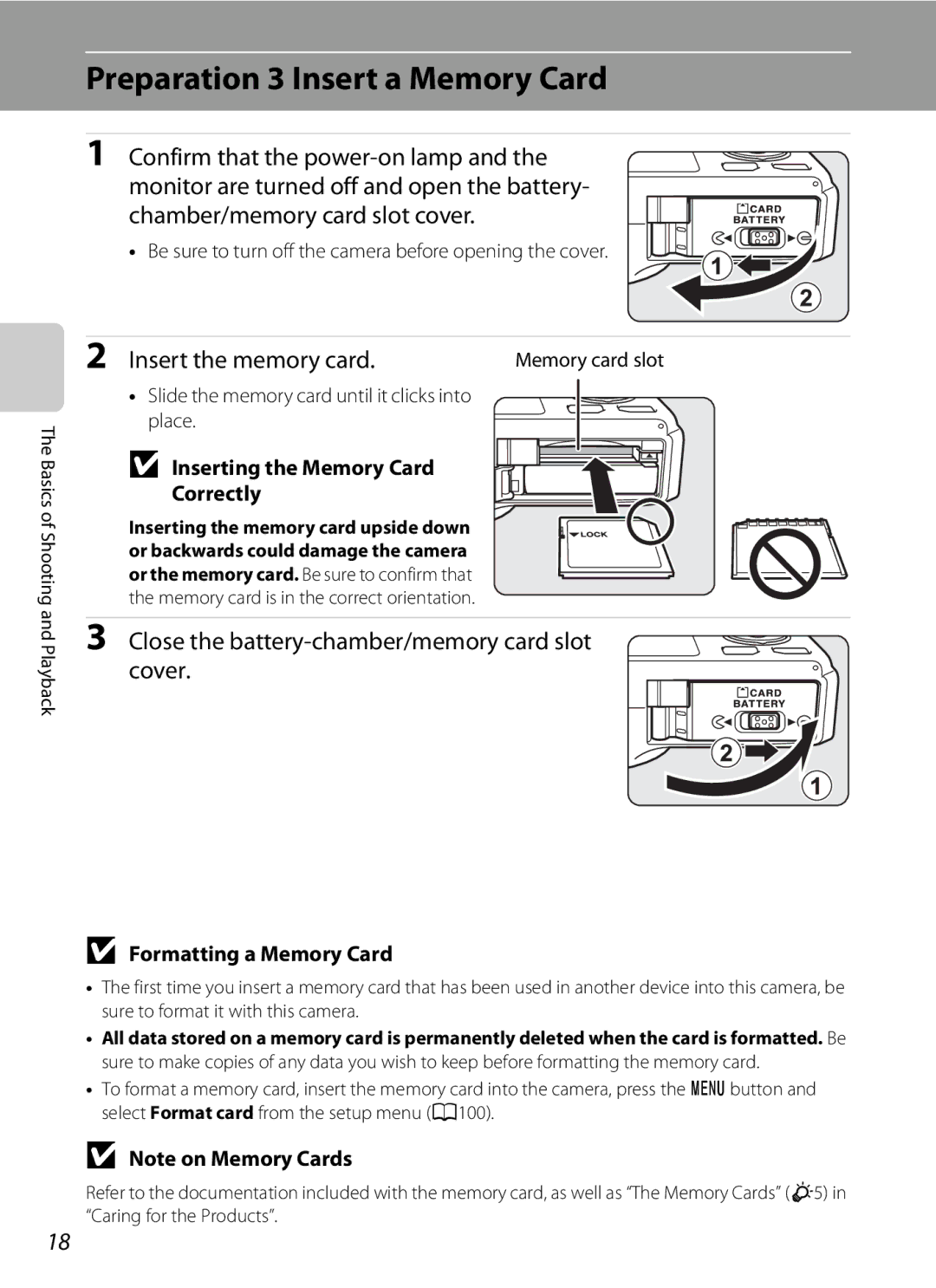 Nikon COOLPIXS9300SIL Preparation 3 Insert a Memory Card, Insert the memory card, Inserting the Memory Card Correctly 