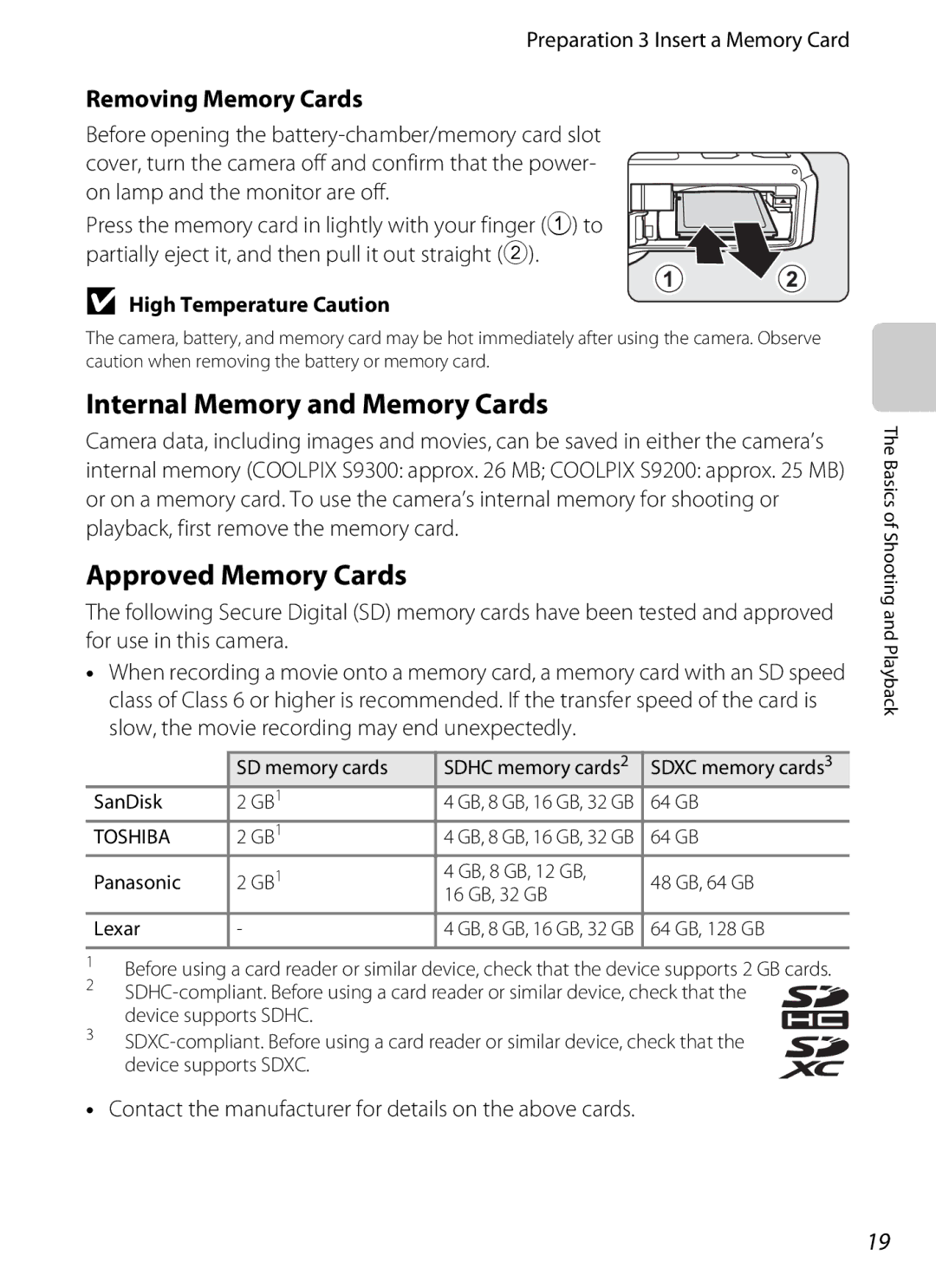 Nikon COOLPIXS9300SIL, S9200 manual Internal Memory and Memory Cards, Approved Memory Cards, Removing Memory Cards 