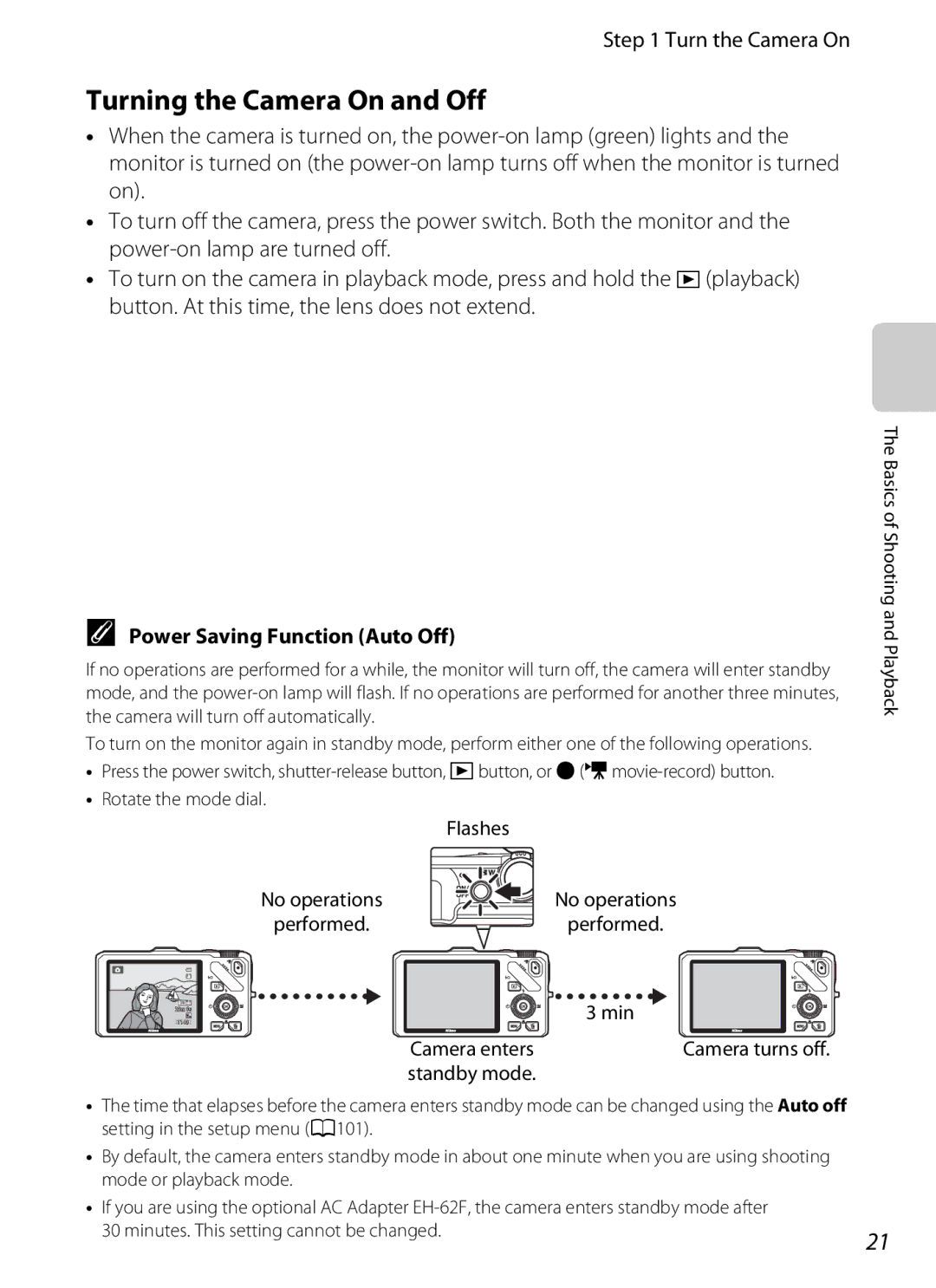 Nikon COOLPIXS9300BLK, COOLPIXS9300SIL Turning the Camera On and Off, Turn the Camera On, Power Saving Function Auto Off 