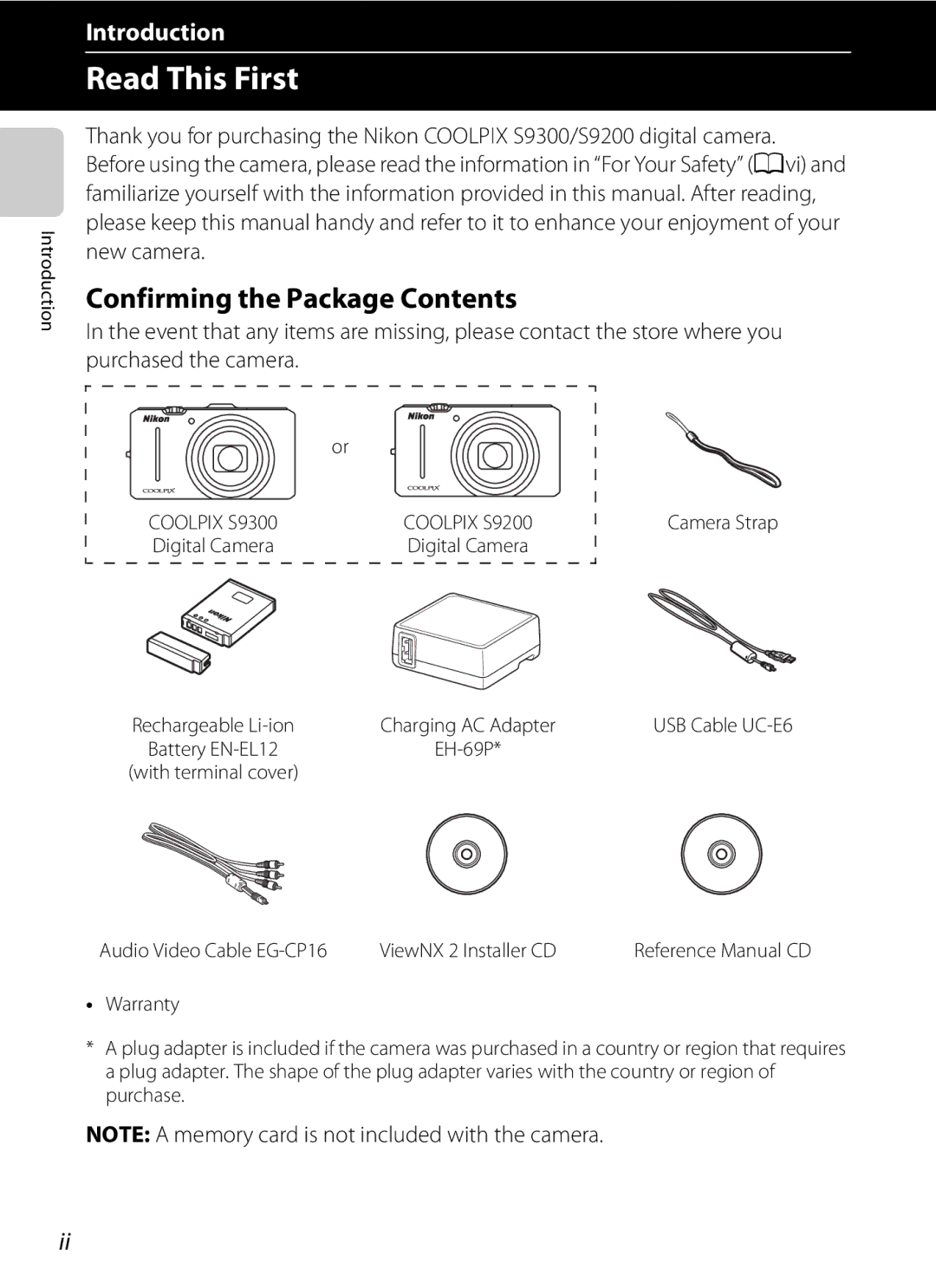 Nikon COOLPIXS9300SIL, S9200, COOLPIXS9300BLK manual Read This First, Confirming the Package Contents 