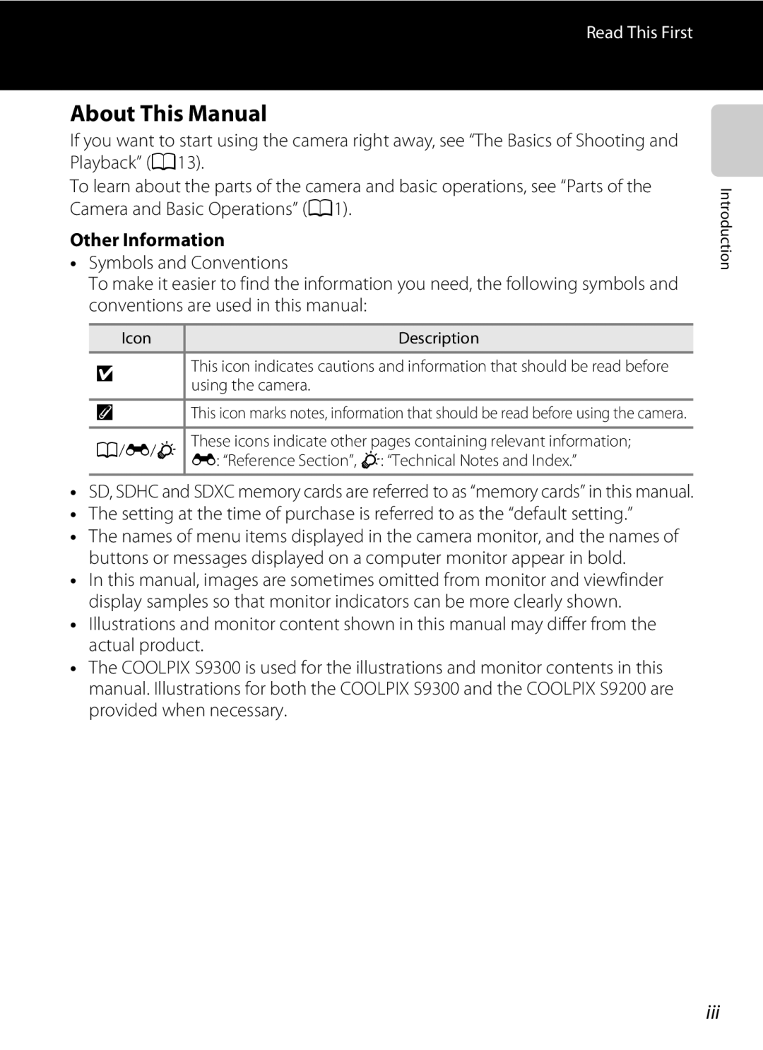 Nikon S9300, S9200 manual About This Manual, Iii, Other Information, Icon, Reference Section, F Technical Notes and Index 