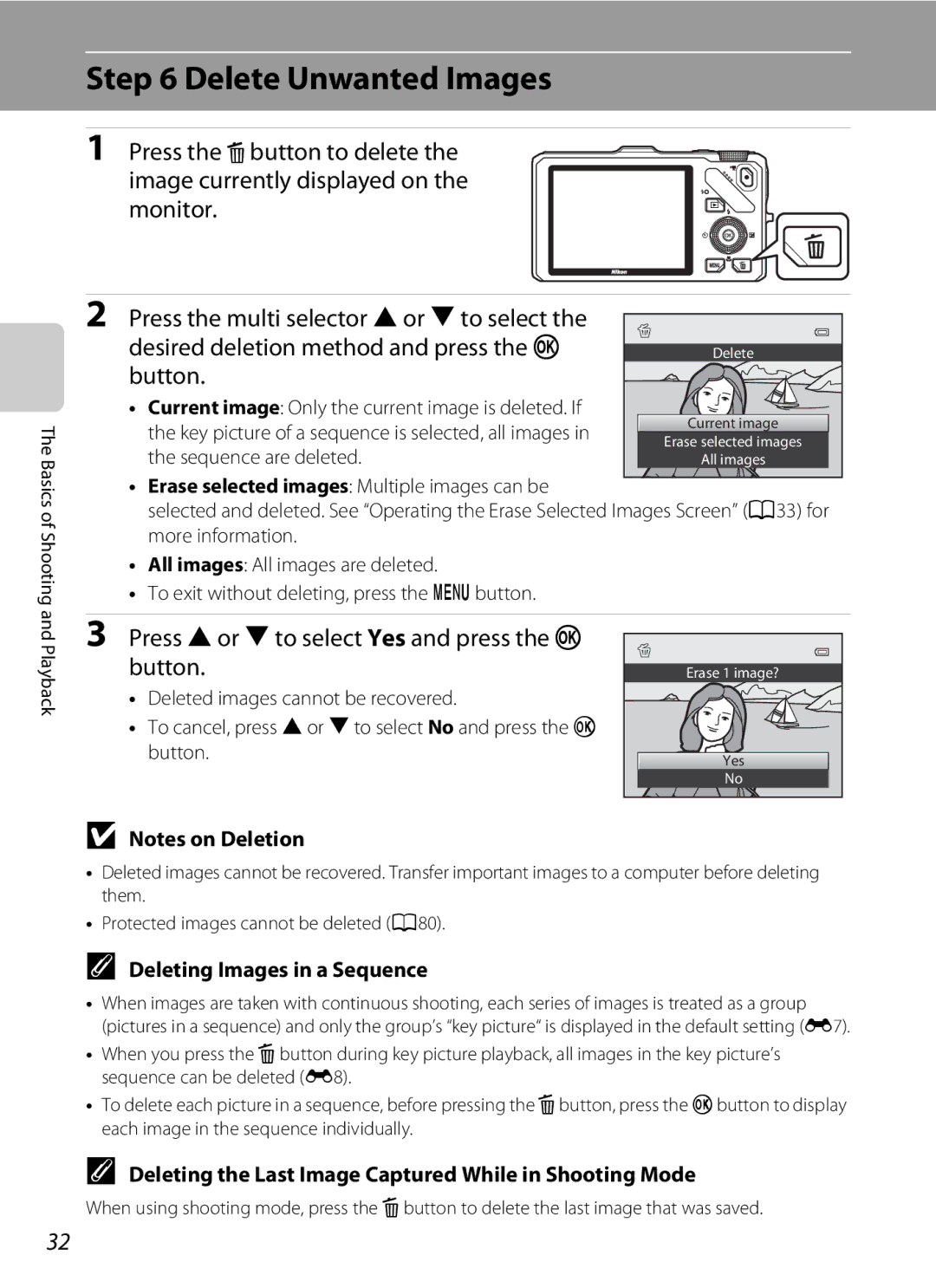 Nikon S9200, S9300 manual Delete Unwanted Images, Press the multi selector Hor Ito select, Deleting Images in a Sequence 